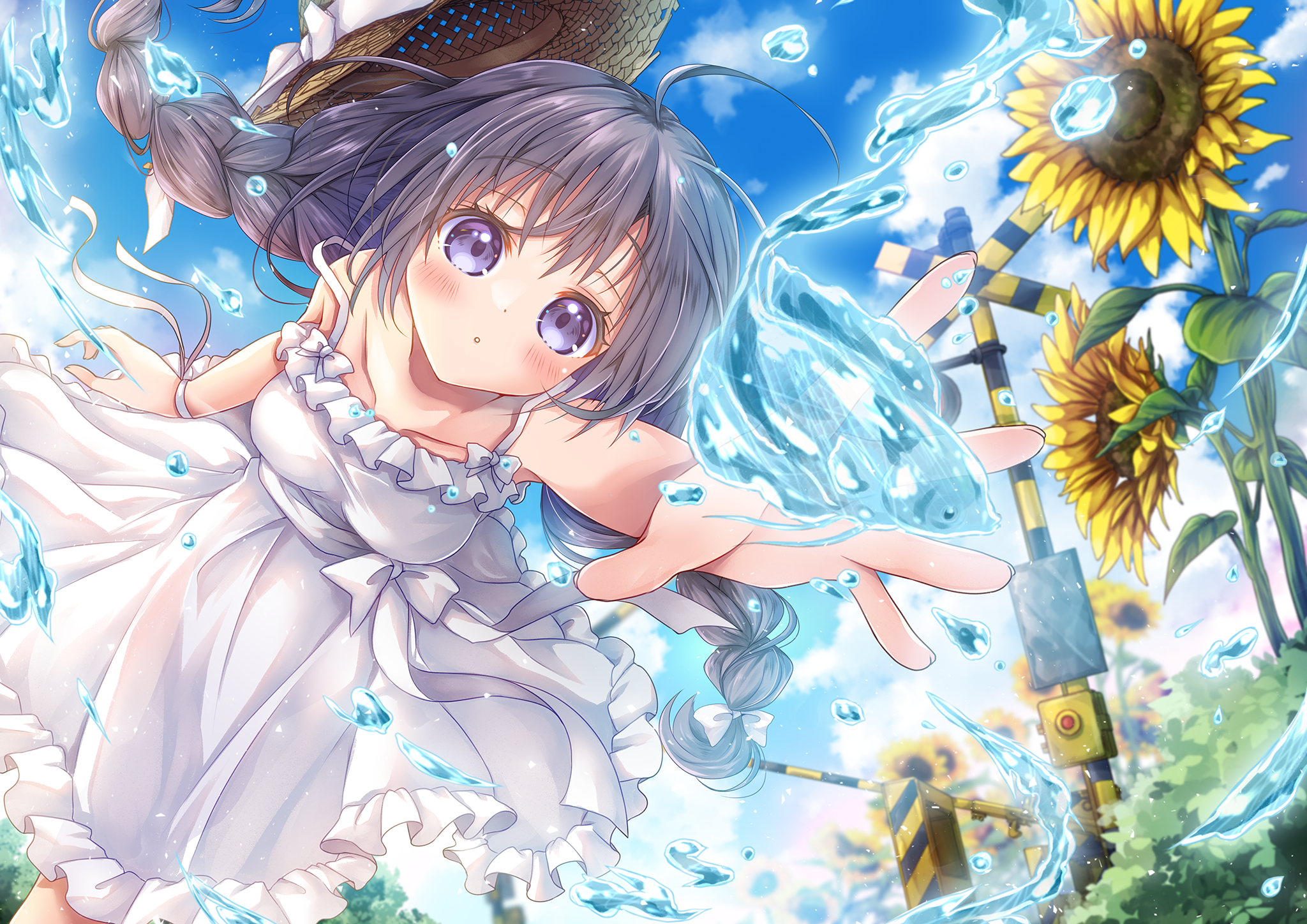 Anime Anime Girls Dress Twintails Long Hair Braids Sunflowers Water Fish Water Drops Blushing Sky Cl 2048x1448