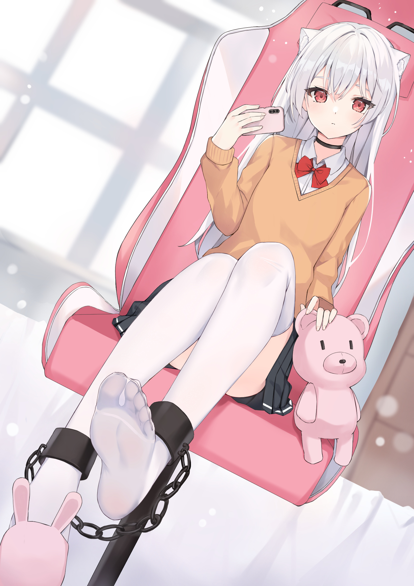 Anime Feet Skirt Anime Girls White Hair Cuffs Cat Girl Cat Ears Teddy Bears 1654x2339