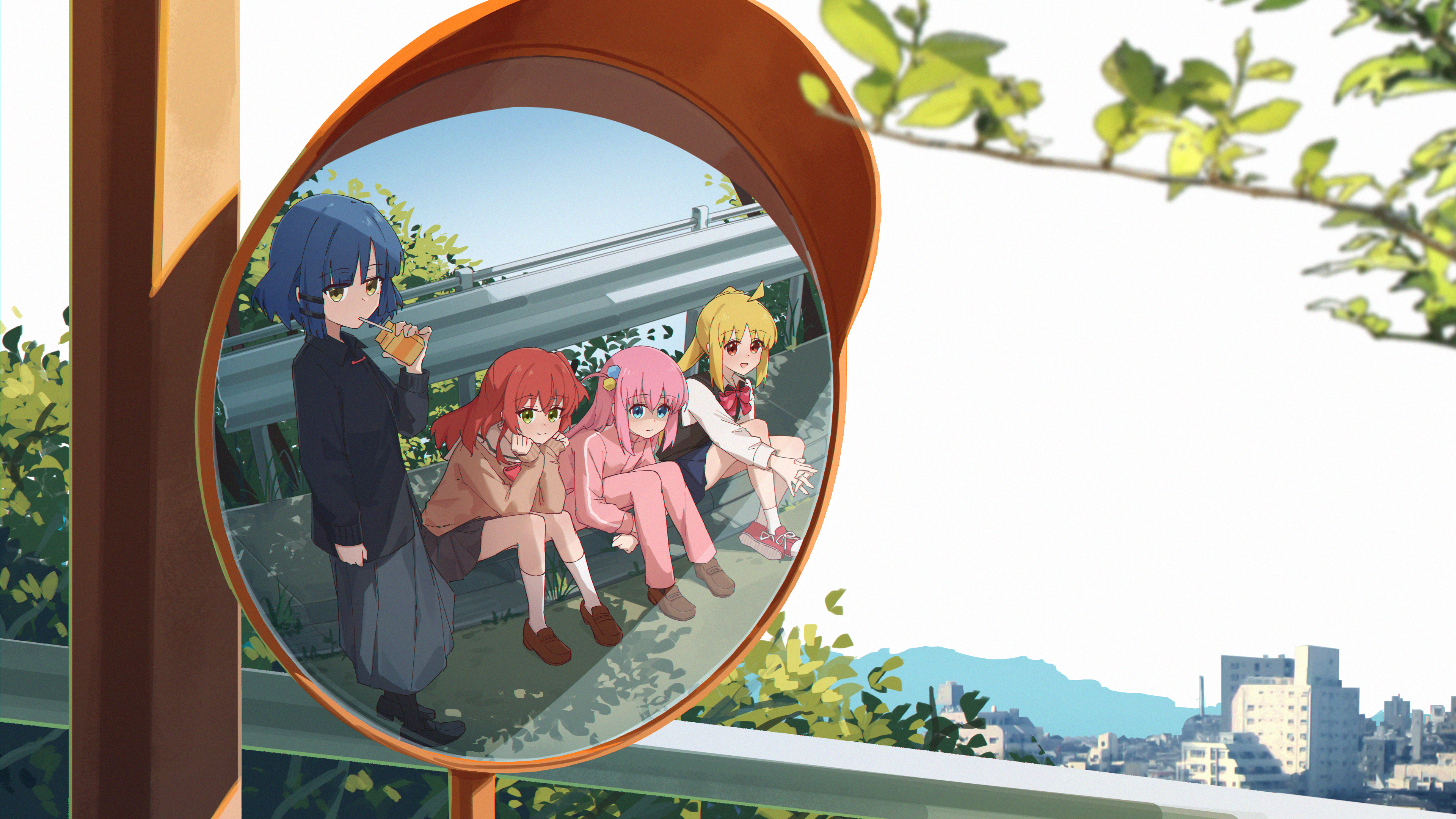 Anime Pixiv BOCCHi THE ROCK Anime Girls Sitting Leaves Branch Drink Juice Building Kita Ikuyo Ryo Ya 3840x2160