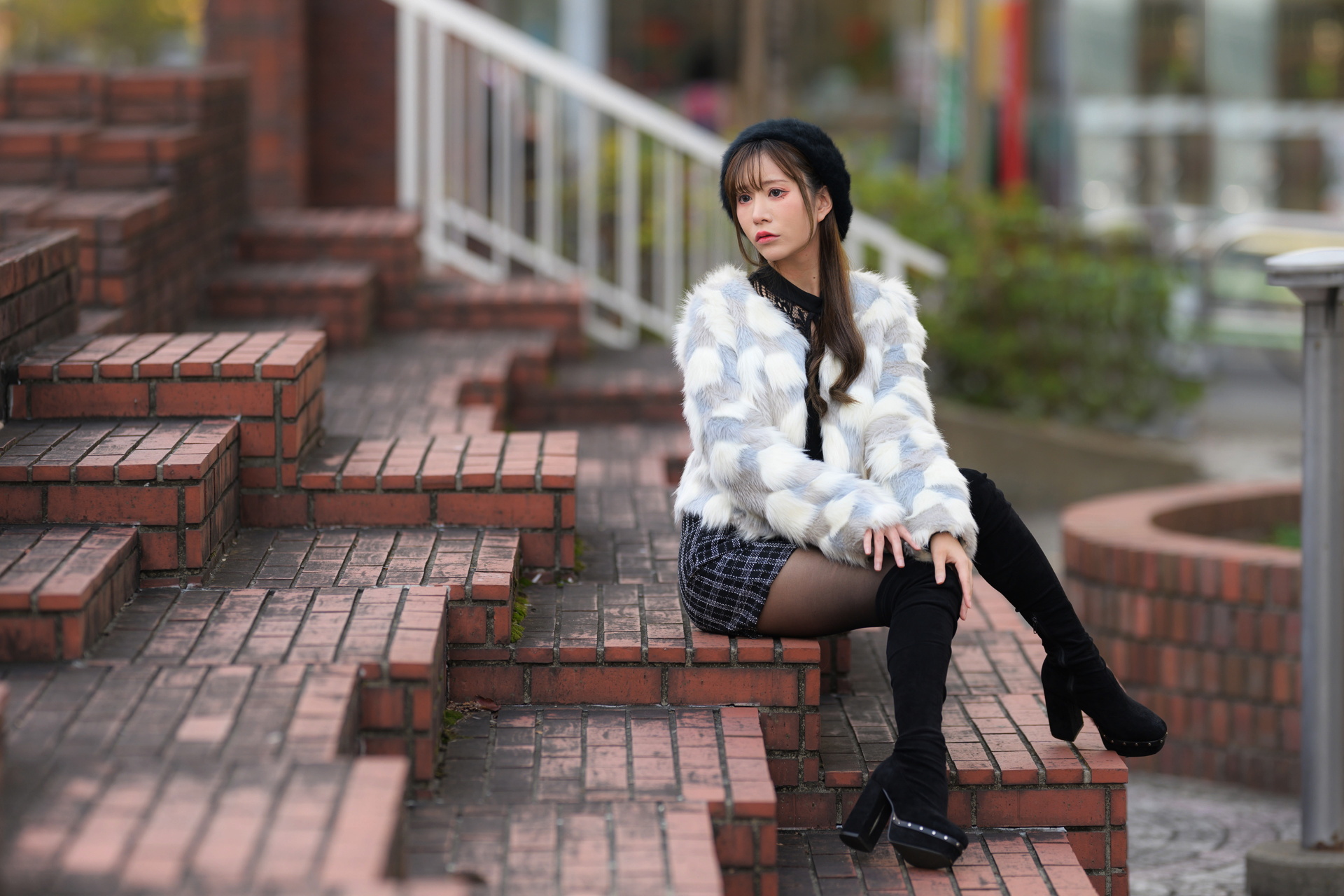 Asian Model Women Long Hair Dark Hair Sitting Nylons Berets Black Boots Stairs 1920x1280