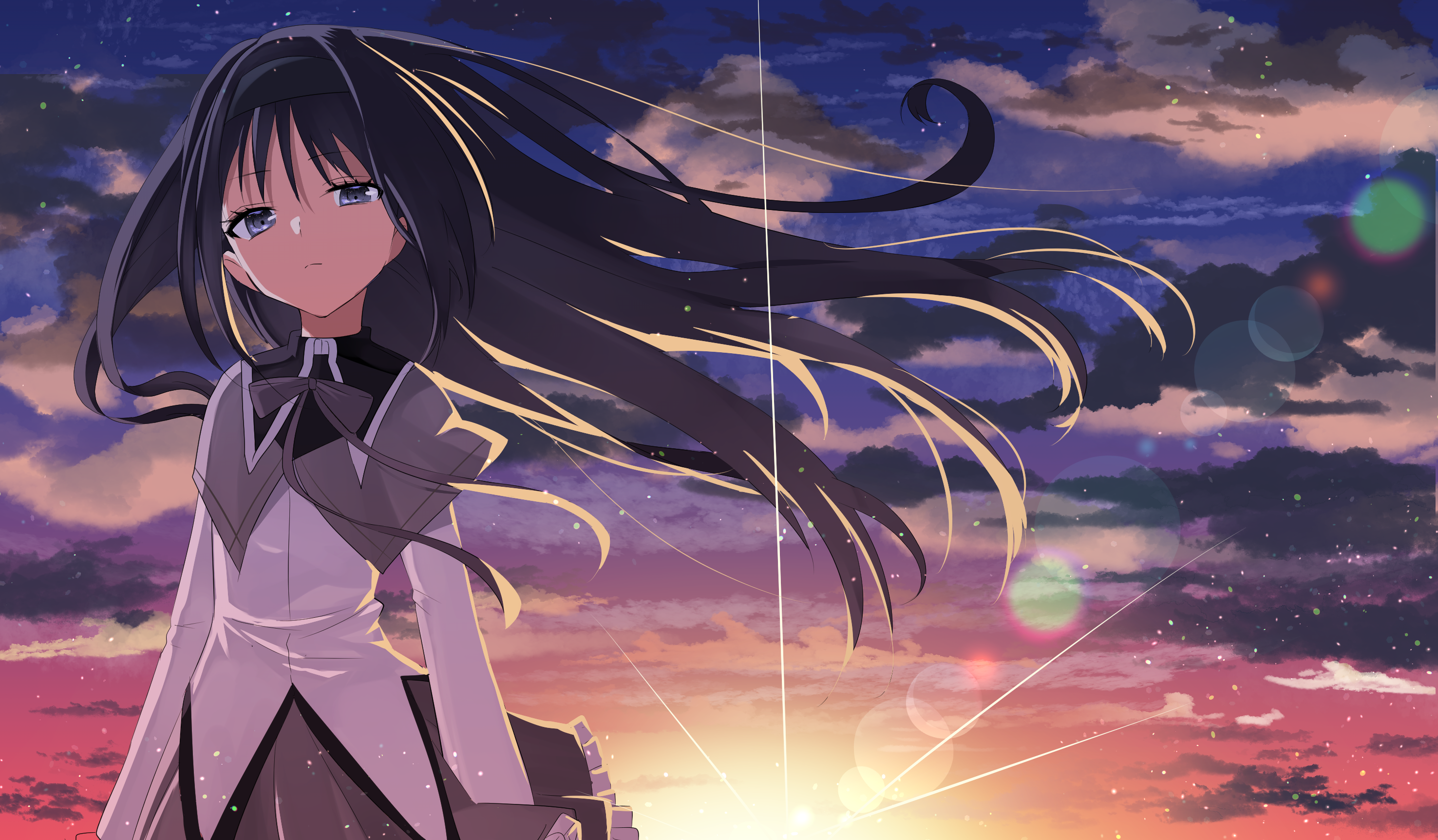 Anime Anime Girls Mahou Shoujo Madoka Magica Homura Akemi Long Hair Sunset Sunset Glow Looking At Vi 2952x1724
