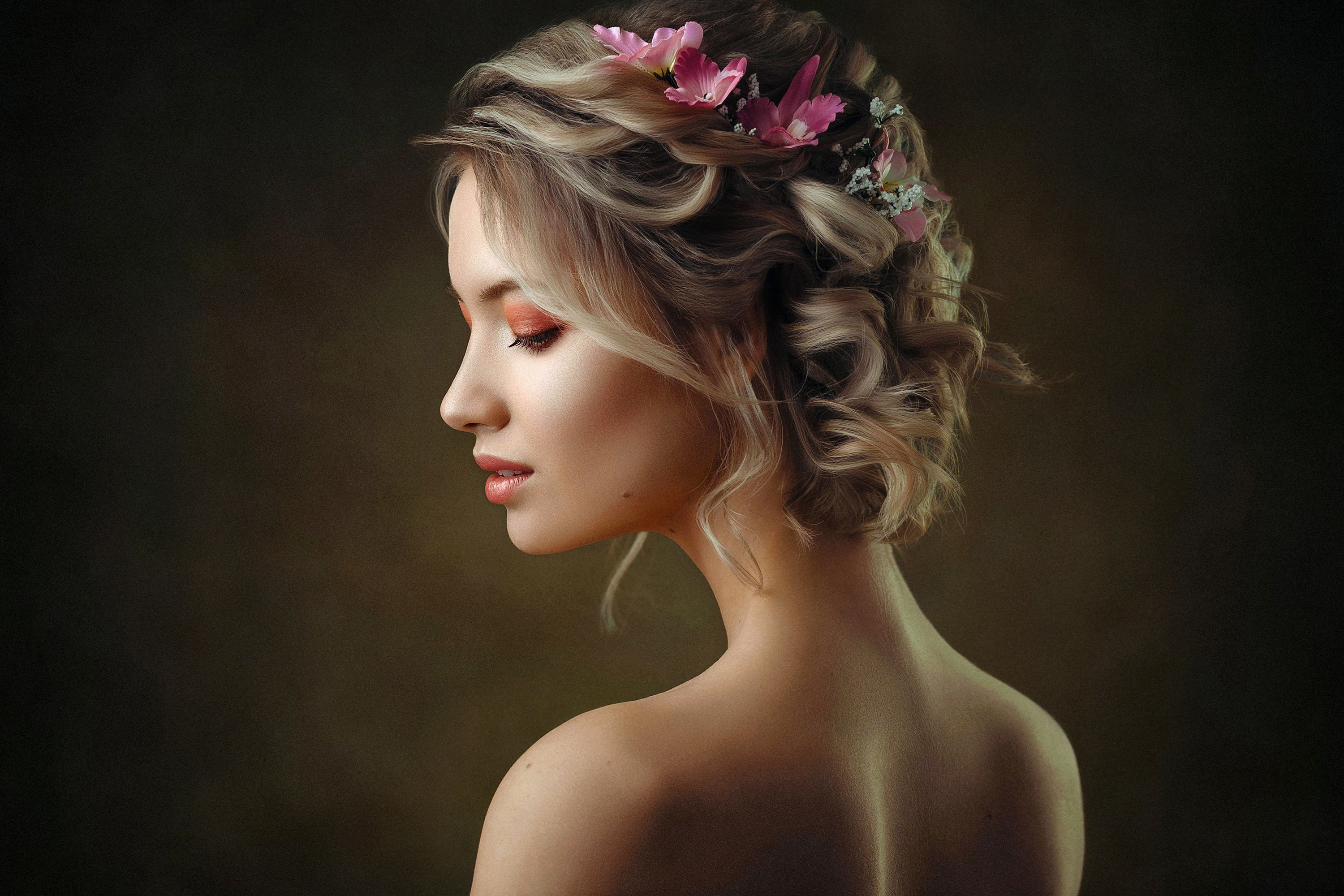 Ivan Kovalyov Women Makeup Flower In Hair Blonde Eyeshadow Portrait Simple Background 3000x2000