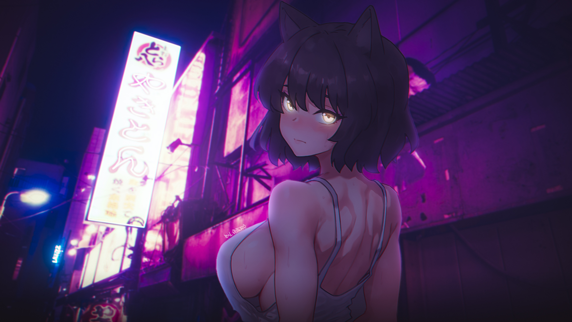 Cat Girl Anime Neon Cyberpunk Looking At Viewer Short Hair Cat Ears Sign Japanese Glowing Eyes Yello 1920x1080