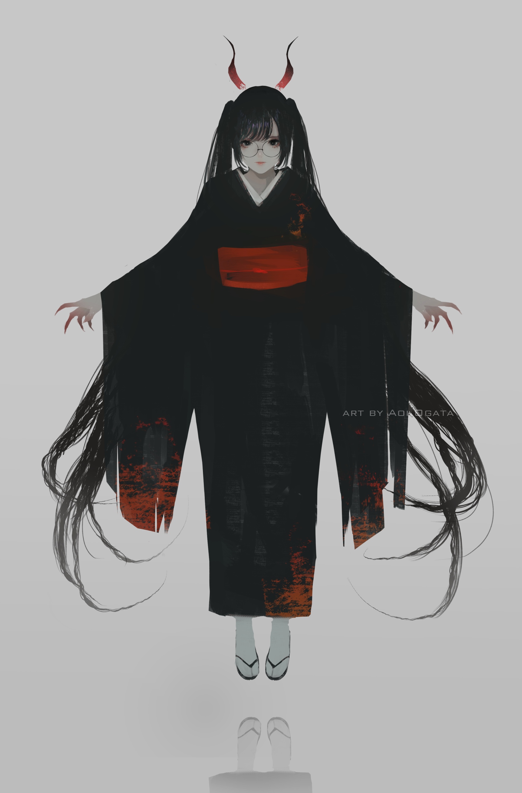 Black Hair 2D Aoi Ogata Horns Glasses Anime Girls Kimono Twintails Vertical 1698x2578