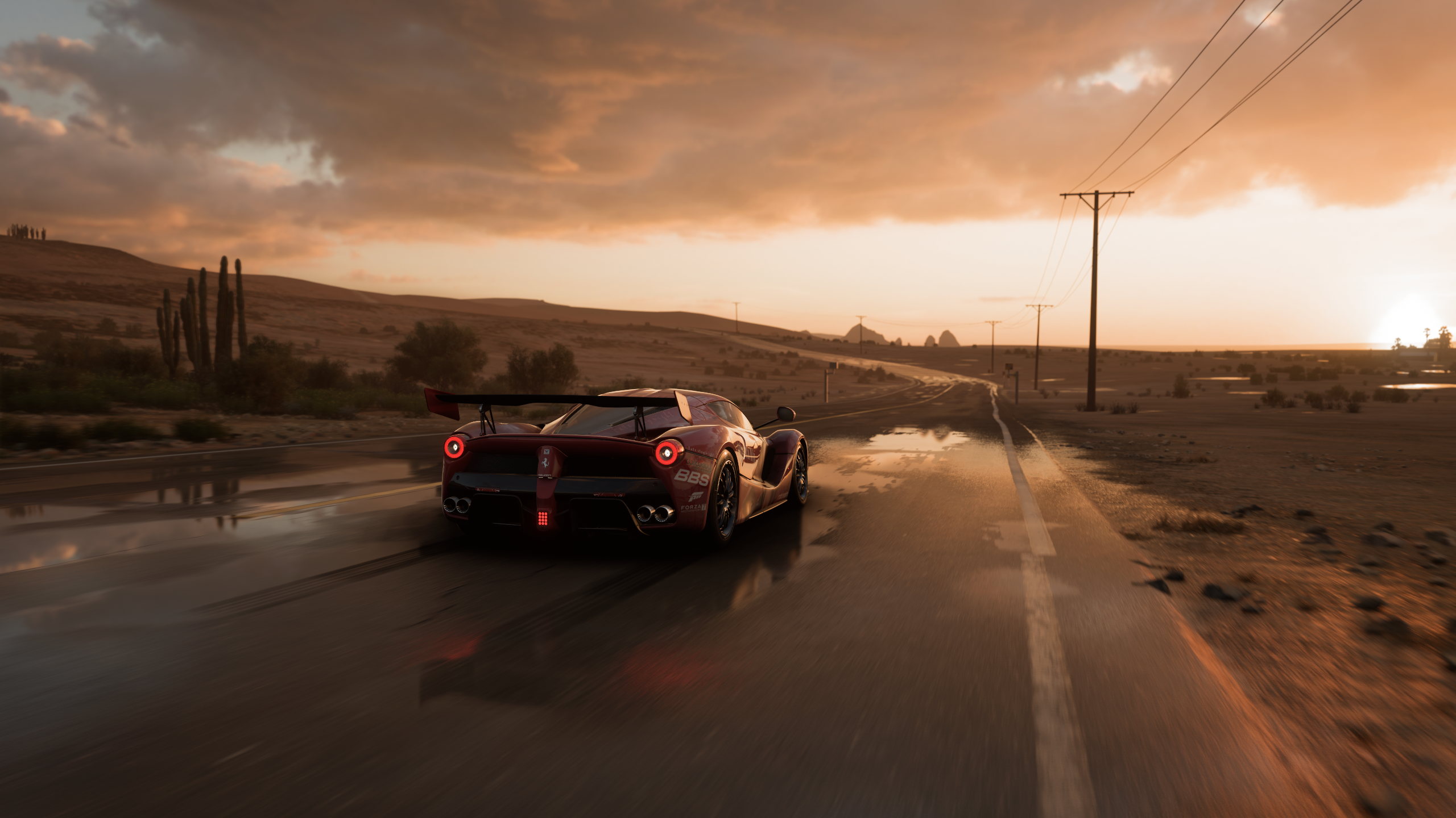 Forza Horizon 5 Car Ferrari Game CG Sunset Video Games Sky Clouds Rear View Sunset Glow Road Video G 2560x1440