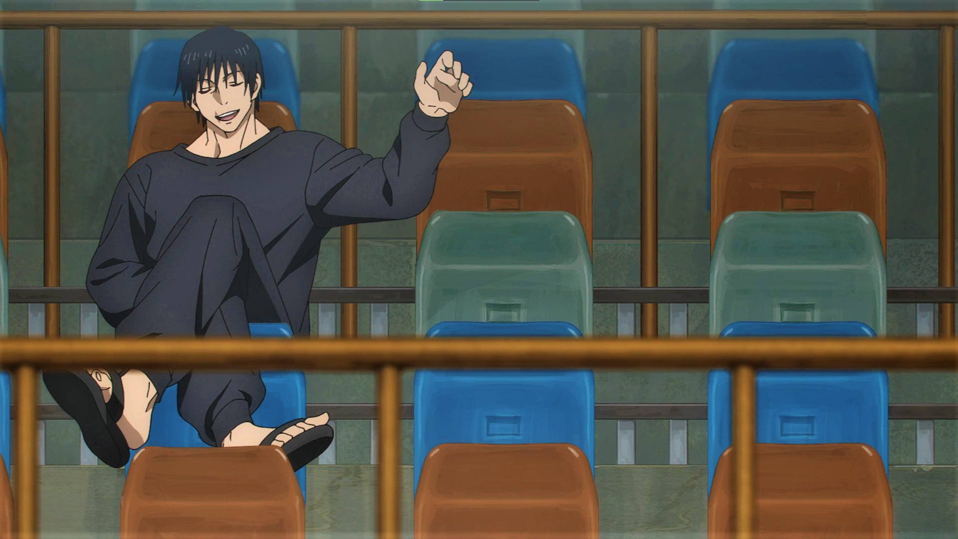 Jujutsu Kaisen Fushiguro Toji Smiling Seat Anime Anime Screenshot Anime Boys Sitting Closed Eyes Leg 1920x1080