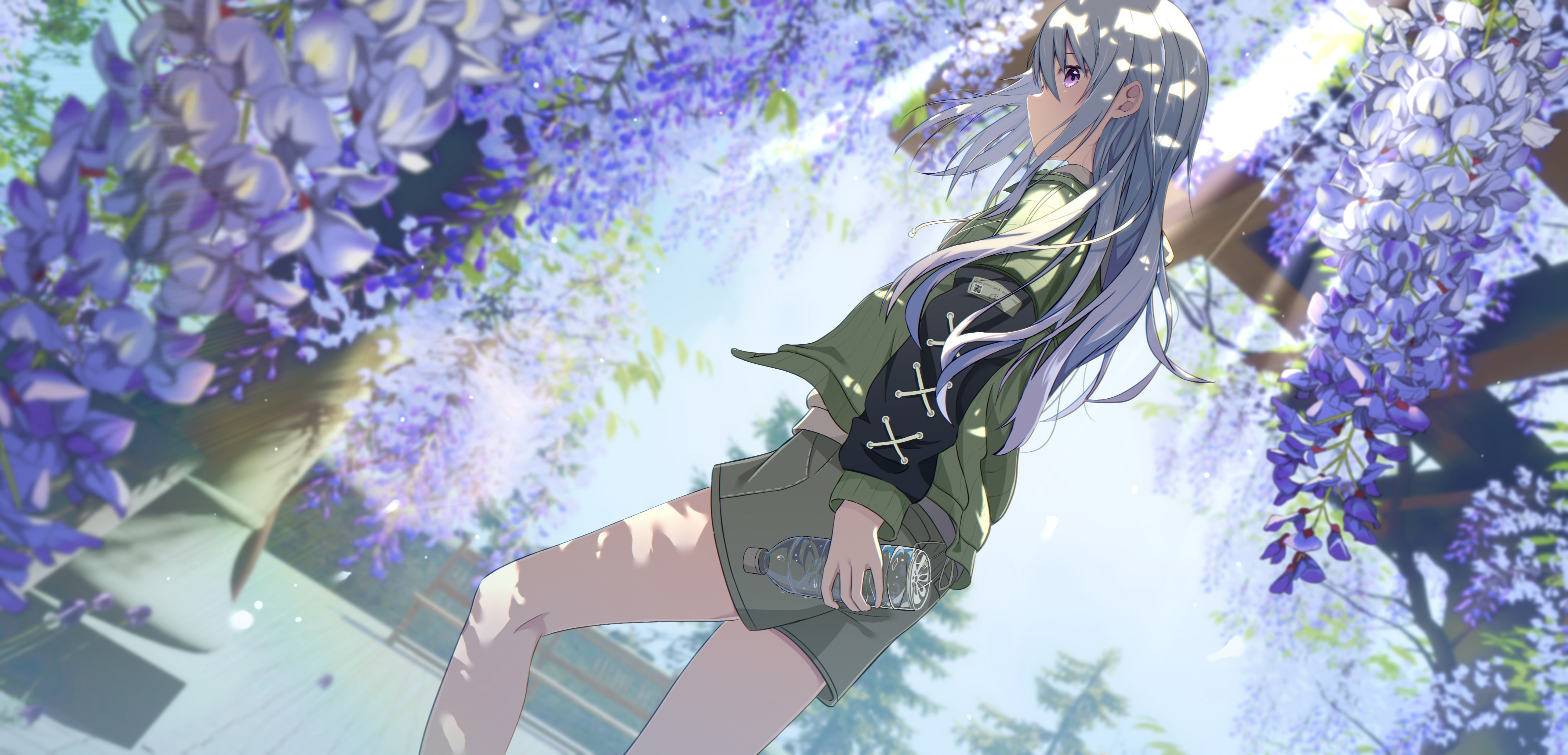 Anime Anime Girls Long Hair Flowers Water Bottle Standing Sunlight Trees Looking At Viewer 5136x2474