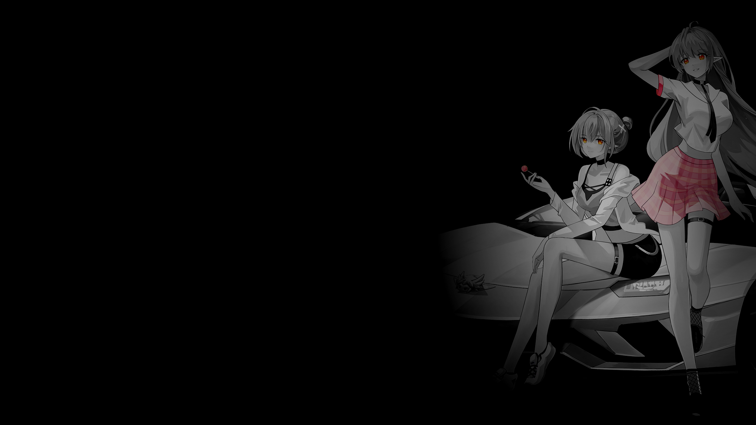 Selective Coloring Anime Girls Simple Background Dark Background Black Background School Uniform Car 2578x1450