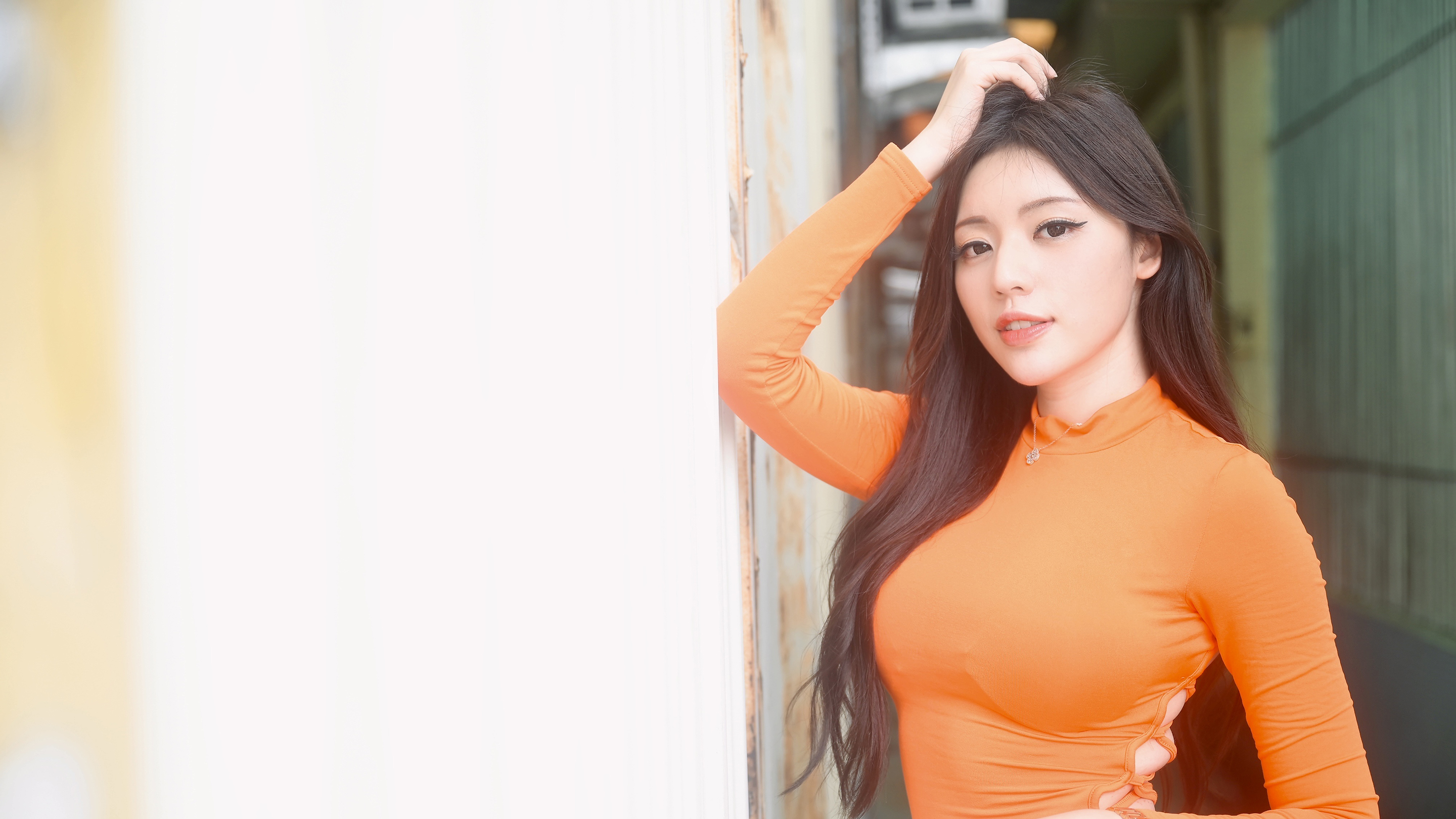 Asian Women Model Orange Dress Long Hair Brunette Looking At Viewer Women Outdoors 2880x1620