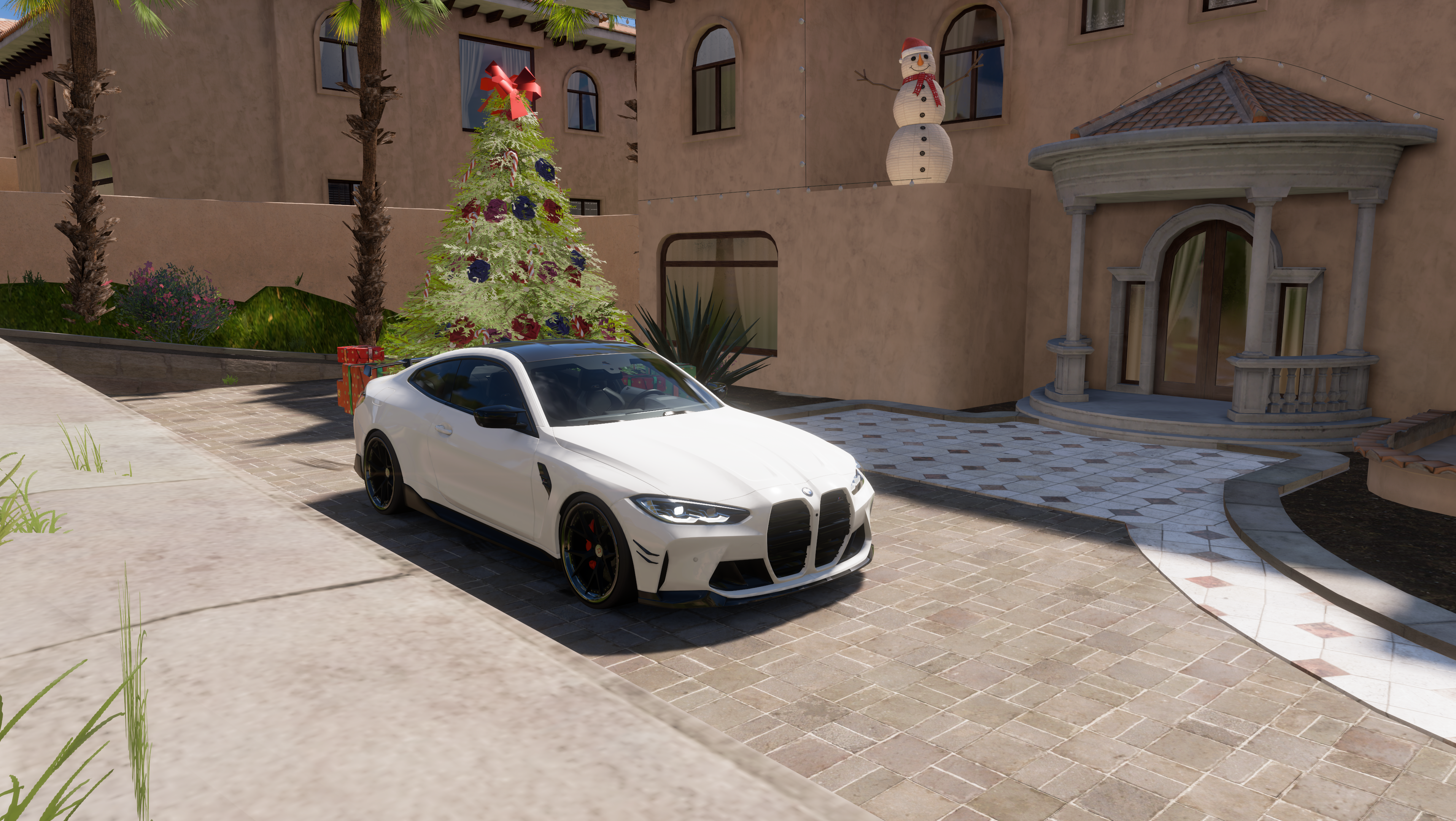 BMW BMW M4 Forza Horizon 5 Screen Shot Car CGi Christmas Tree Snowman Christmas Presents Video Games 3828x2159