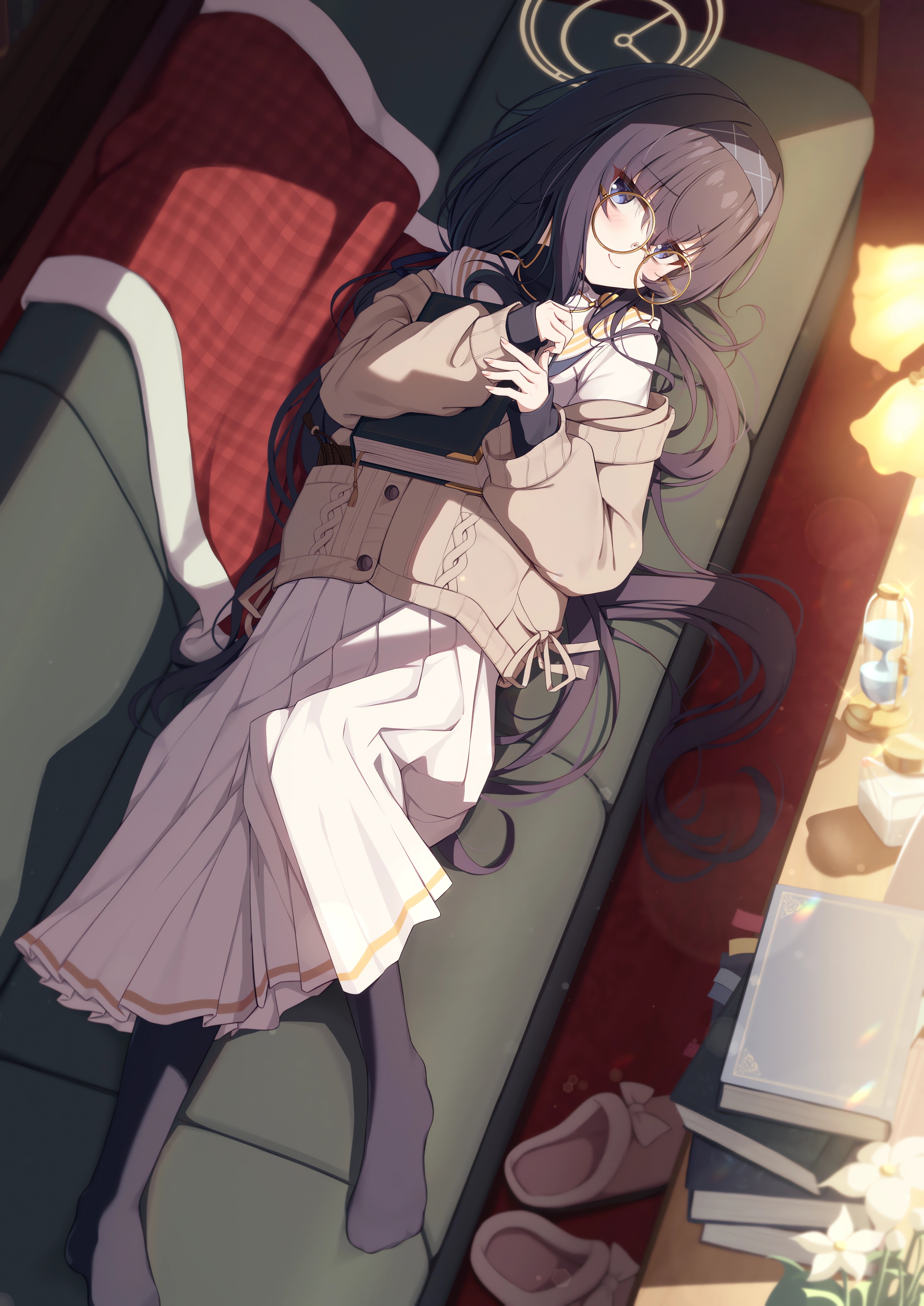 Anime Anime Girls Lying Down Lying On Back Couch Looking At Viewer Books Slippers Lights Leaves Flow 3308x4678