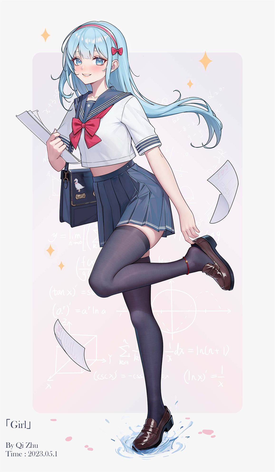 Qizhu Anime Girls Blue Hair Blue Eyes Schoolgirl School Uniform Portrait Display Standing Looking At 1157x1983