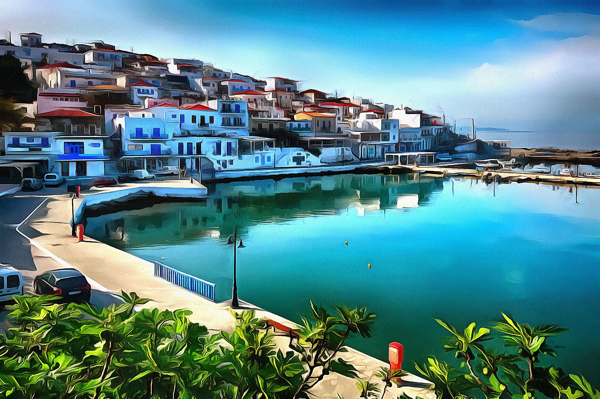 Digital Painting Andros Island Greece Town Water Reflection Car 2400x1596