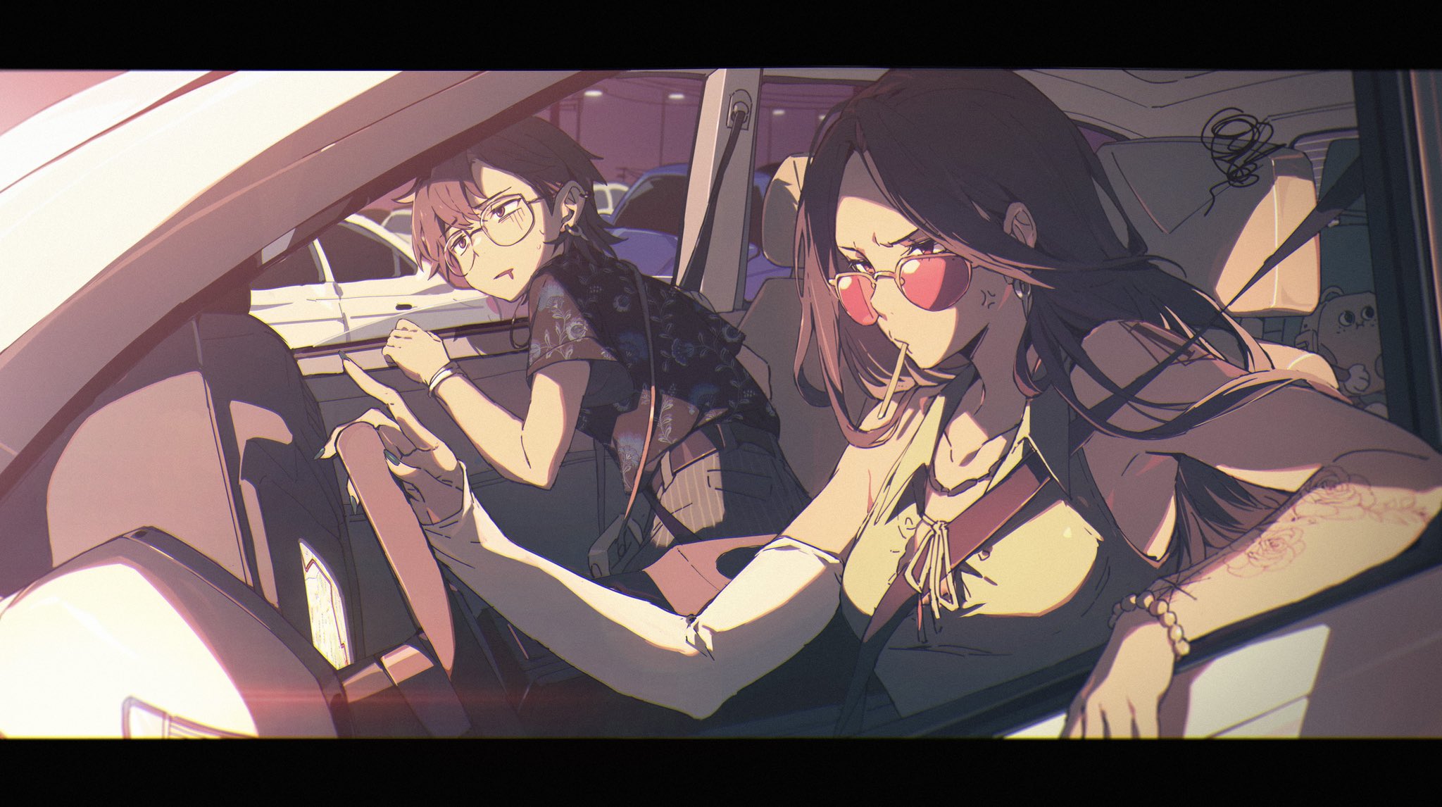 Anime Girls Car Sunglasses Angry Two Women Sunlight Earring 2048x1146