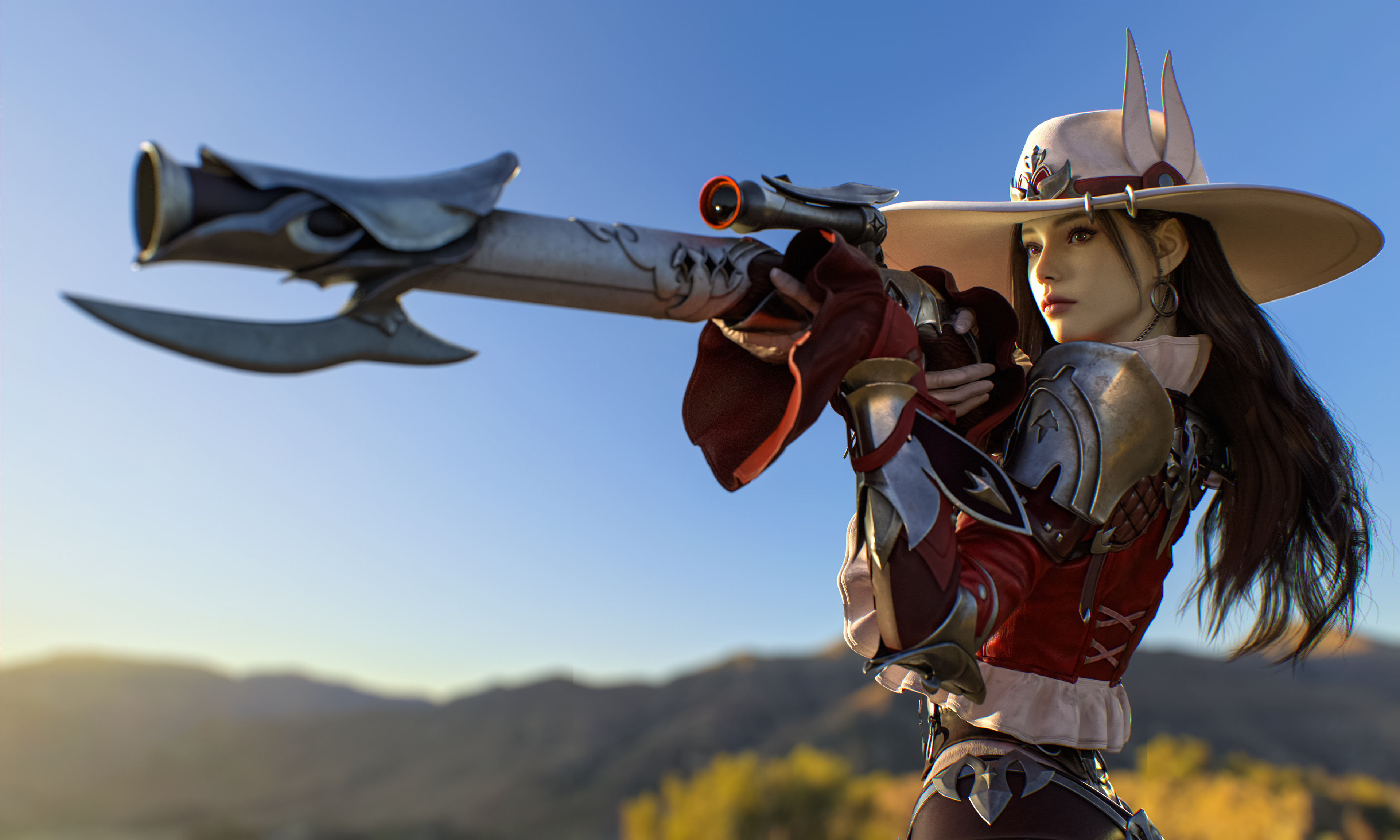 MudaMuda CGi Women Hat Rifles Aiming Clear Sky Digital Art 3840x2304