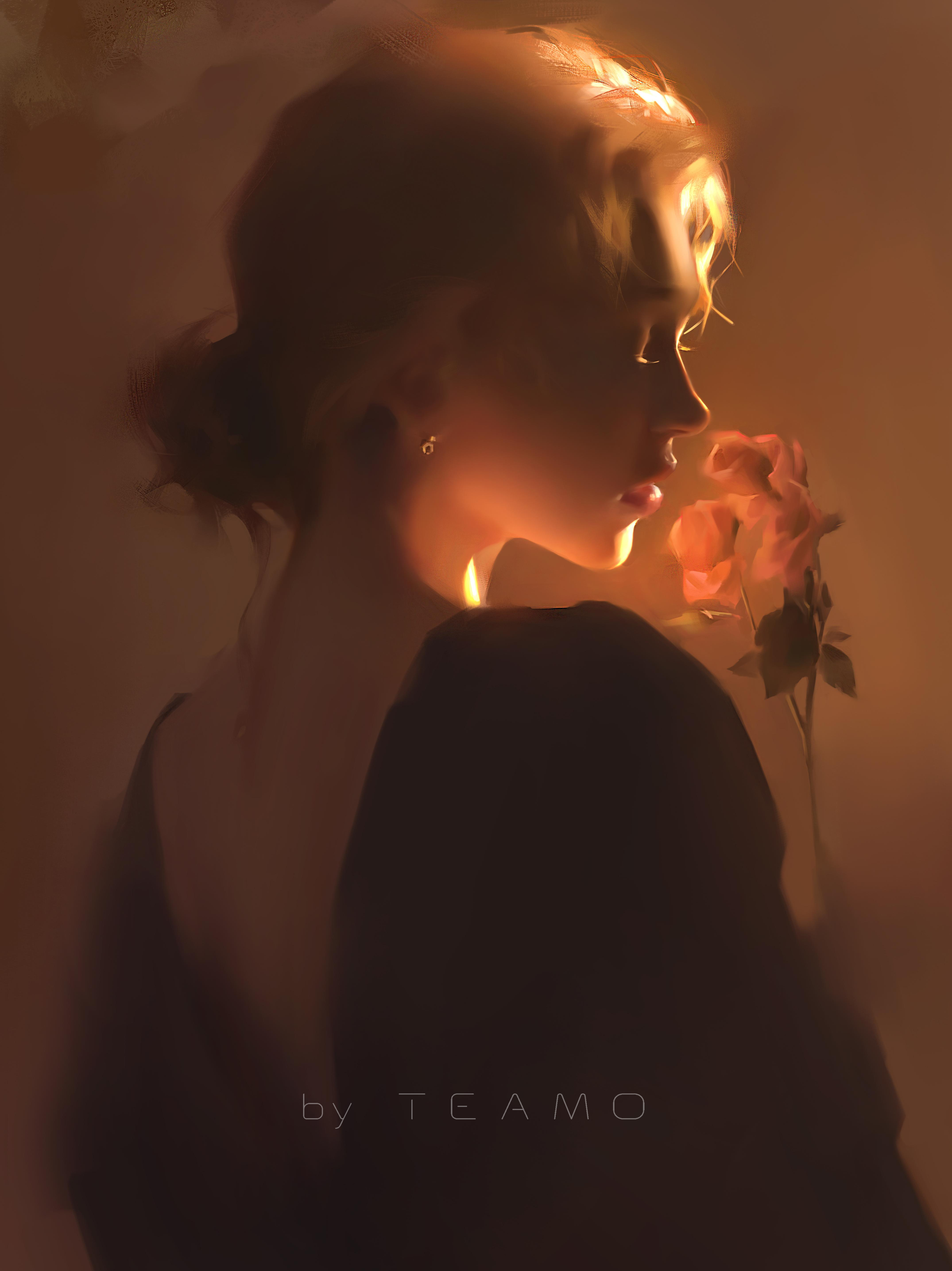Digital Art Artwork Illustration Painting Women Portrait Sunlight Closed Eyes Flowers Rose Earring P 4300x5741