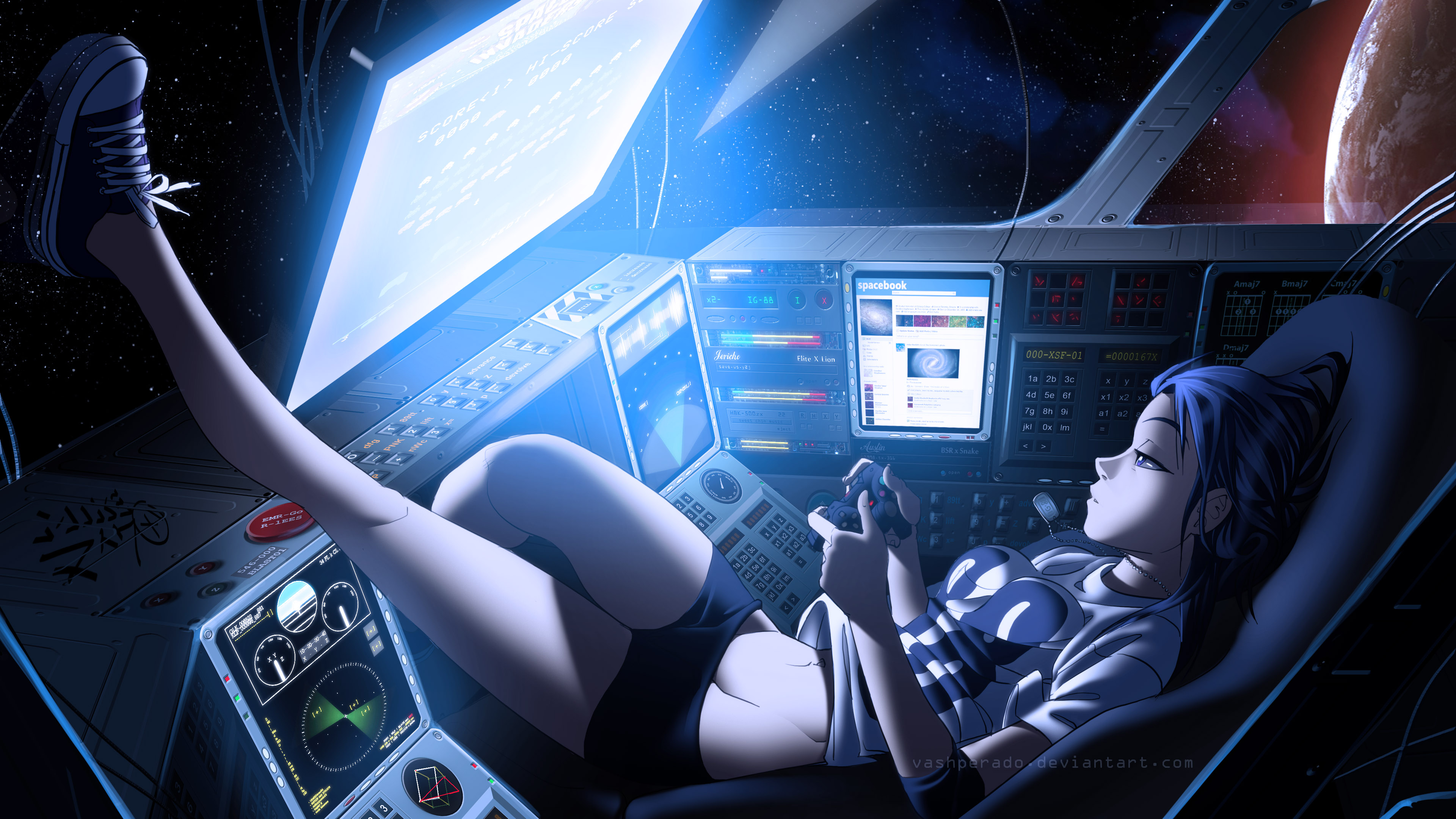 Vashperado Space Dark Space Out 88 Chan Long Hair Loneliness Drawing Stars Spaceship Video Games Leg 3840x2160