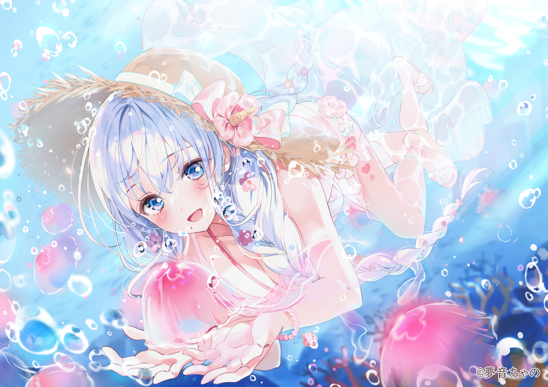 Anime Anime Girls Braids Braided Hair Blushing Water Bubbles Sunlight Underwater Jellyfish Straw Hat 1834x1296