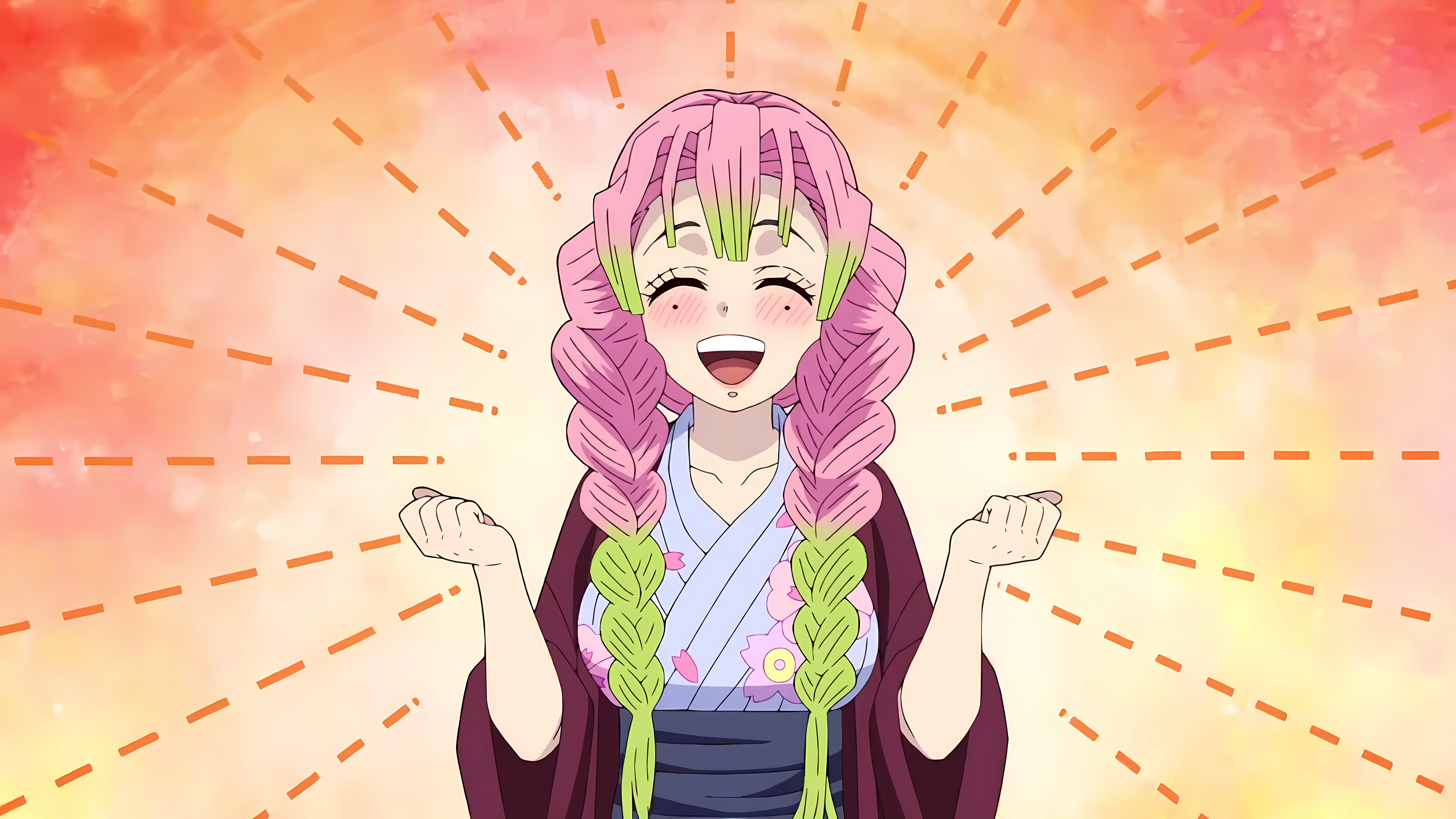 Kimetsu No Yaiba Anime Girls Mitsuri Kanroji Two Tone Hair Braided Hair Closed Eyes Blushing Moles M 7680x4320