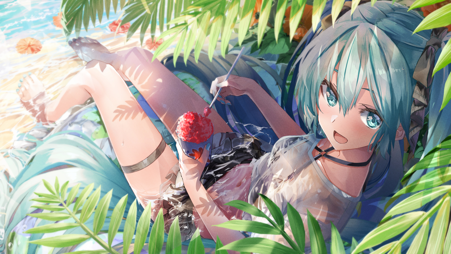 Anime Anime Girls Blue Hair Blue Eyes Water Floater 1920x1080