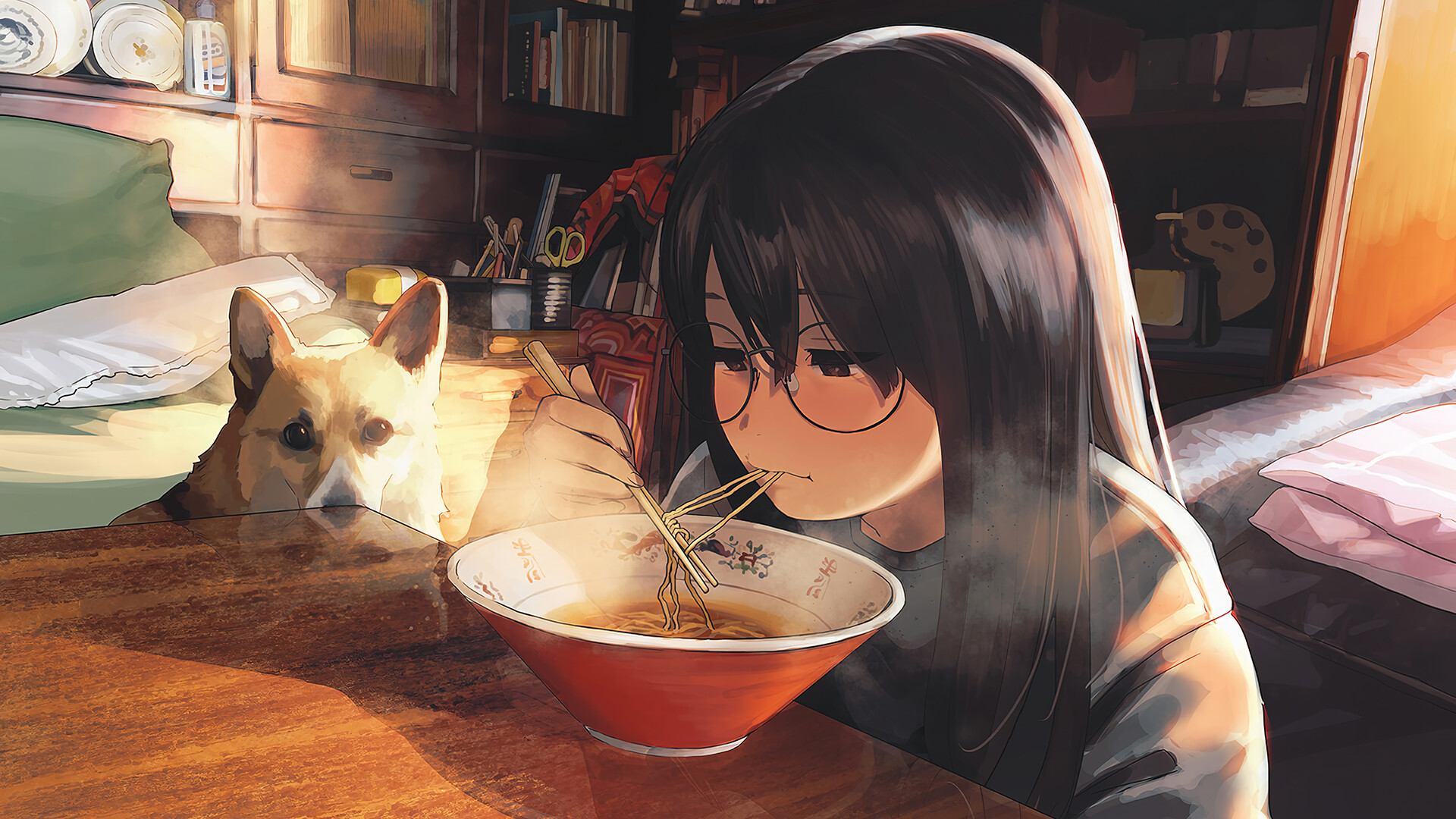 Anime Girls Eating Anime Girls Eating Noodles Black Hair Long Hair Glasses In Bedroom Blushing Dog C 1920x1080