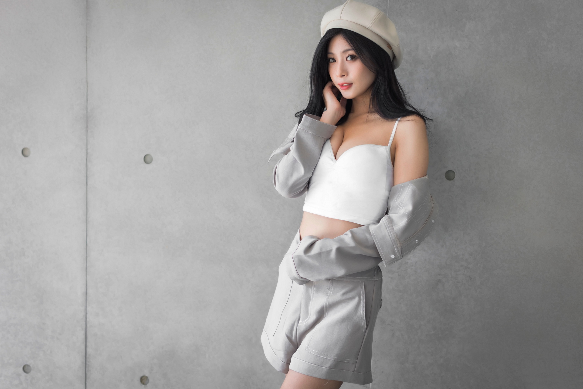 Asian Model Women Long Hair Dark Hair Berets Shorts White Shirt PinQ 1920x1280