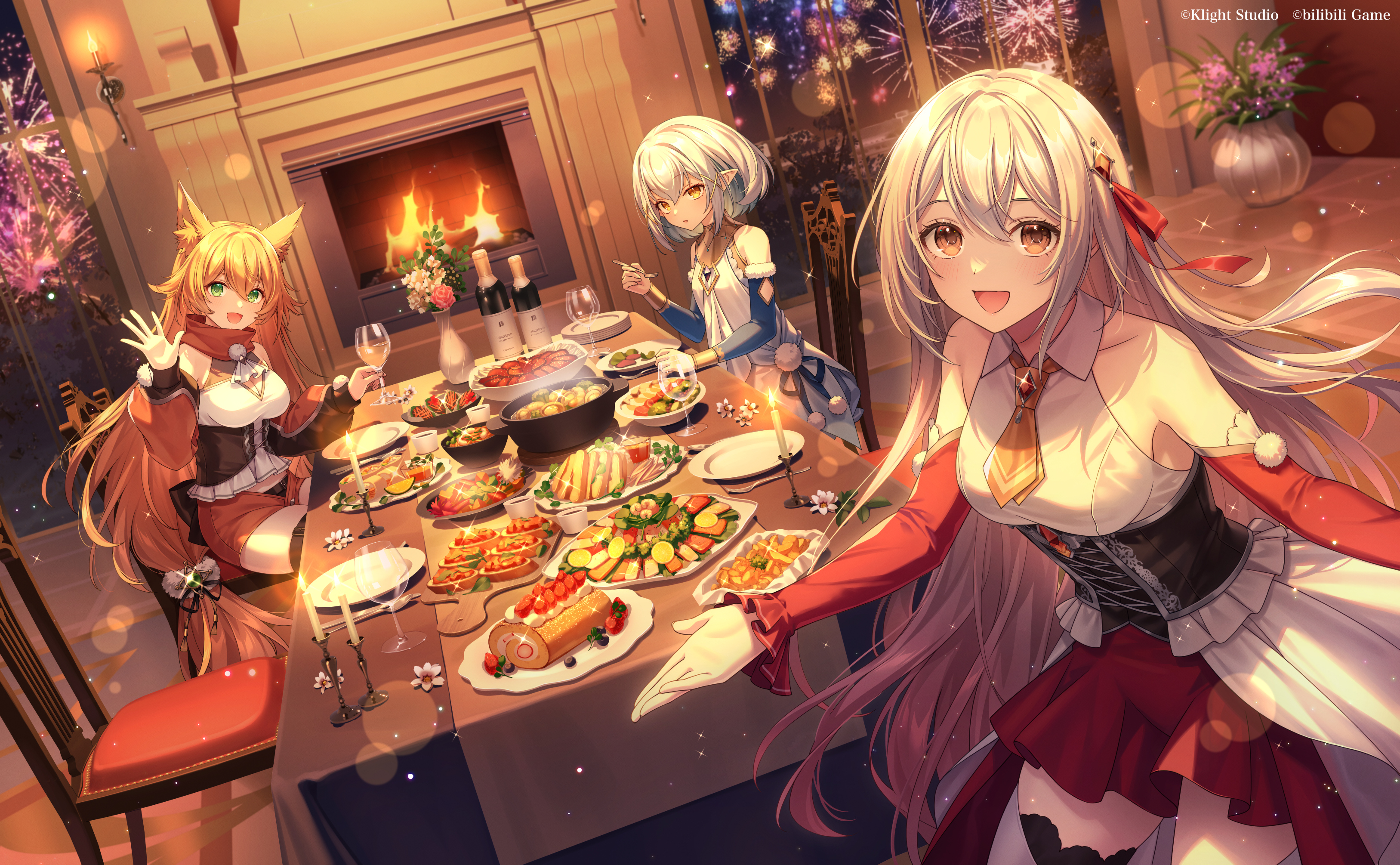 Anime Anime Girls Food Fireplace Candles Pointy Ears Animal Ears Dining Room Fireworks Plants Flower 3254x2010