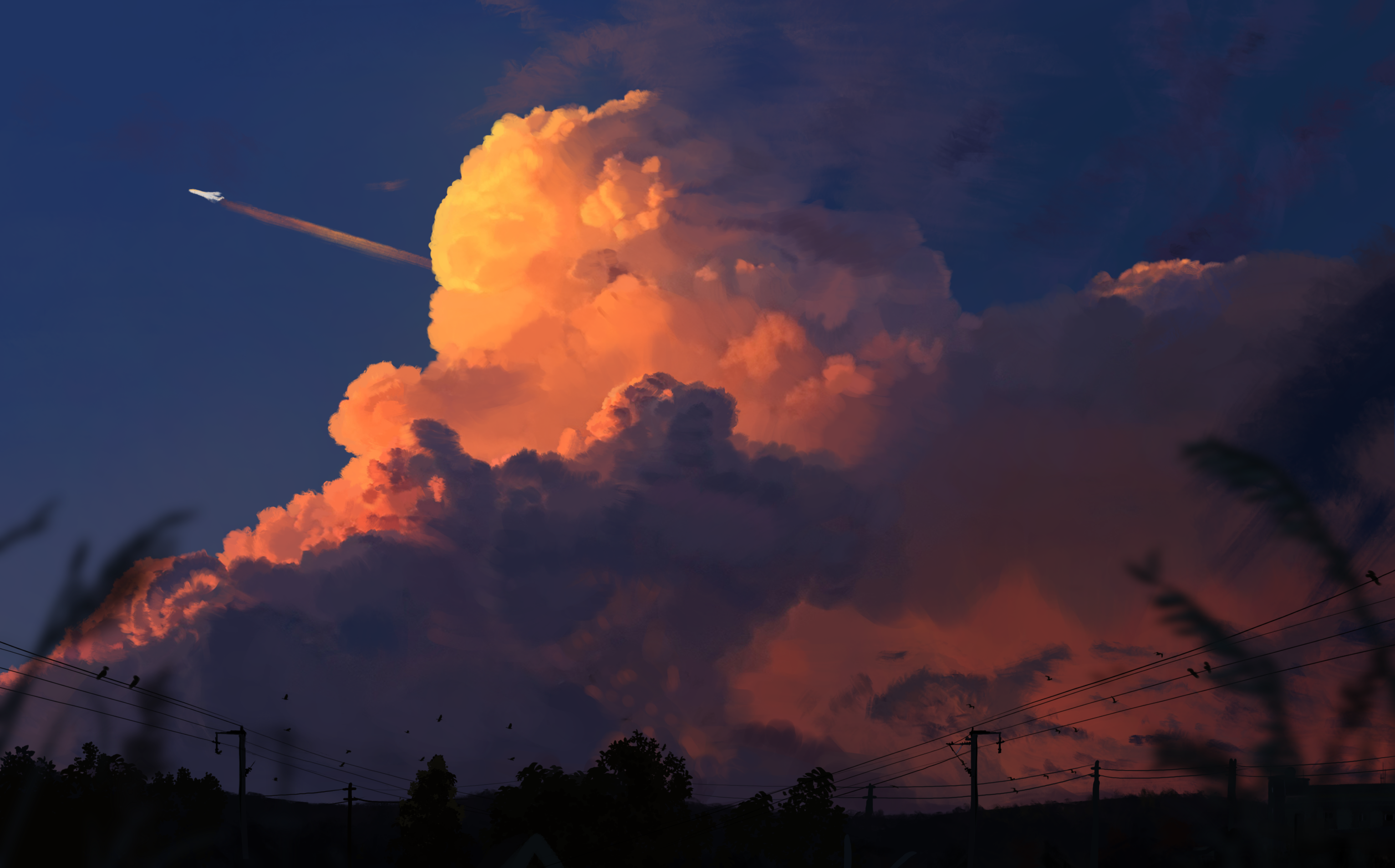 Yu Jing Illustration Clouds Sunset Glow Sunset Aircraft Sky Utility Pole Anime Anime Sky Outdoors Da 3064x1908