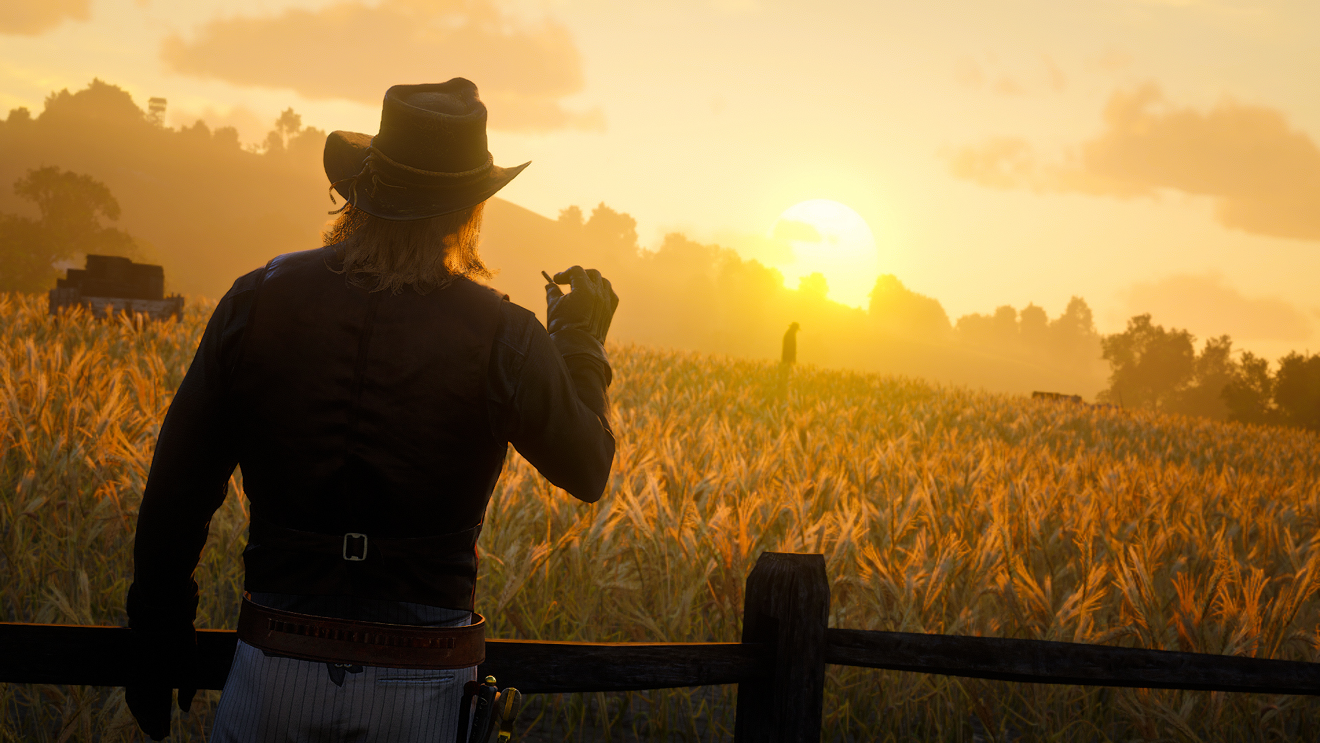 Red Dead Redemption 2 Daylight Sunset Video Games Cornfield Smoking Hat Sky Game Western Arthur Morg 1920x1080