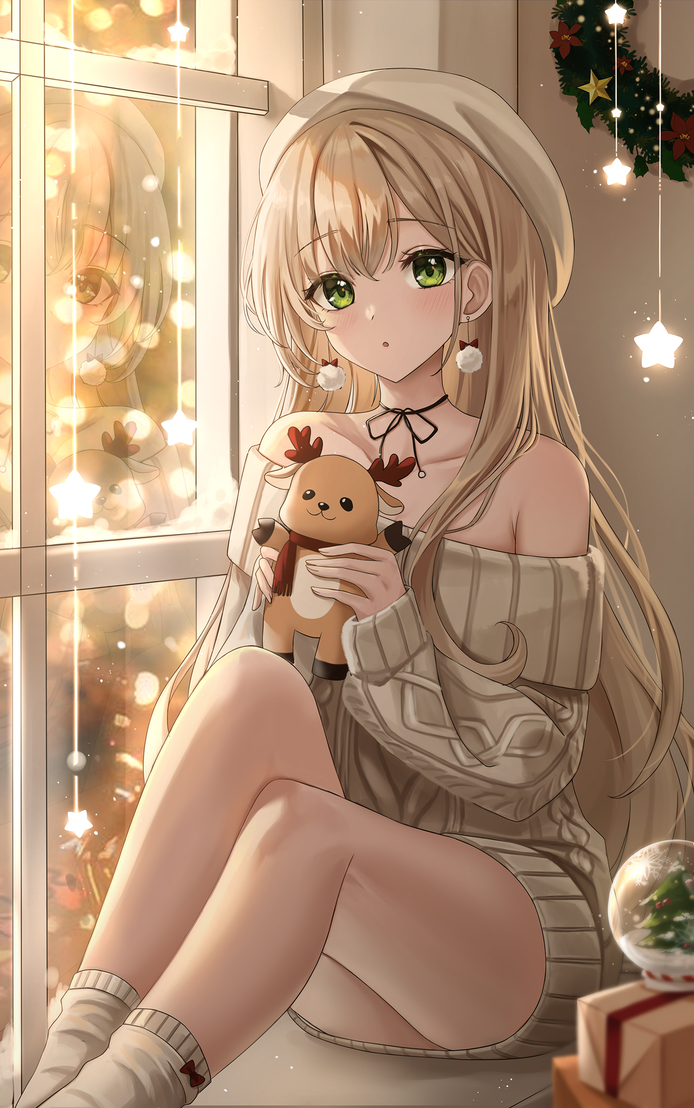 Anime Anime Girls Choker Green Eyes Blonde Reflection Vertical Stars Christmas Ornaments 1400x2235