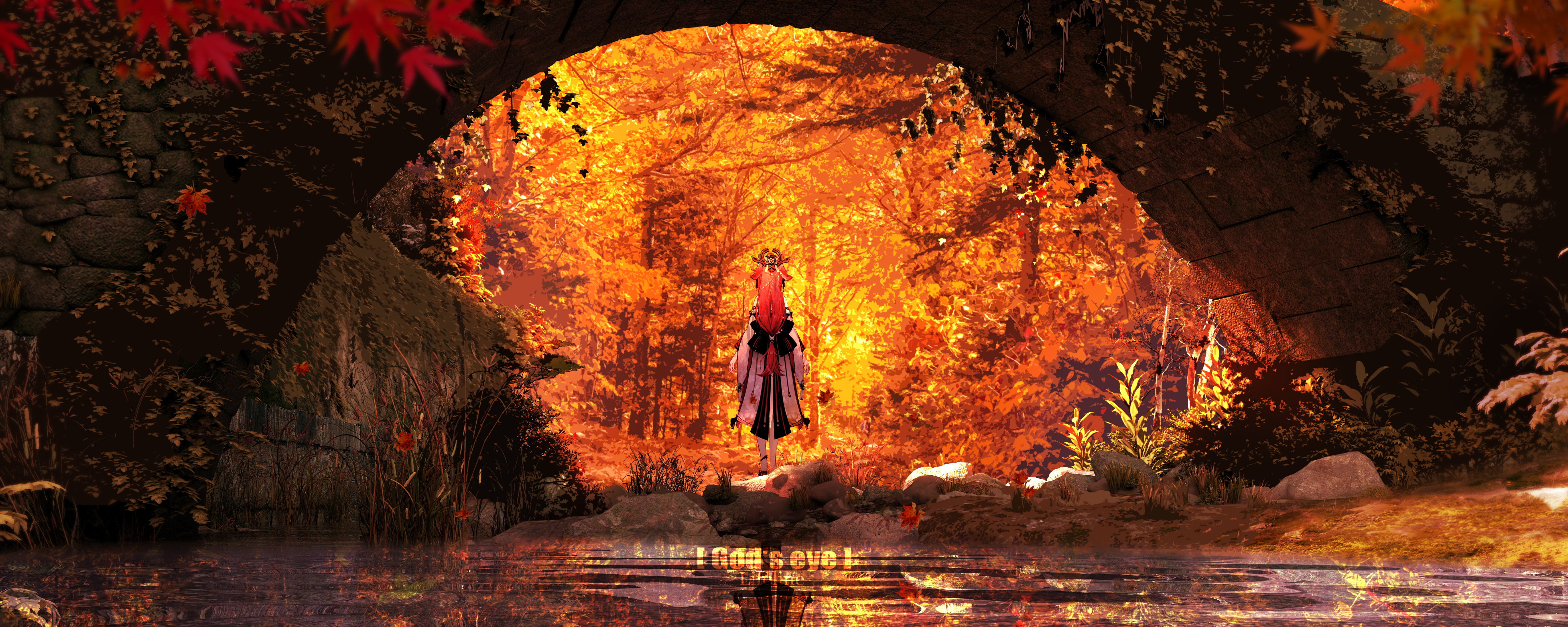 Anime Girls Genshin Impact Yae Miko Genshin Impact Video Games Digital Art Reflection Water Trees Pi 5500x2200
