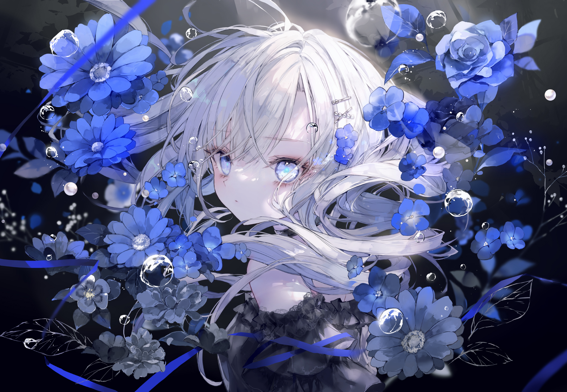 Long Hair White Hair Flowers Blue Eyes Black Dress Leaves Water Bubbles Onineko Anime Girls Looking  1900x1313