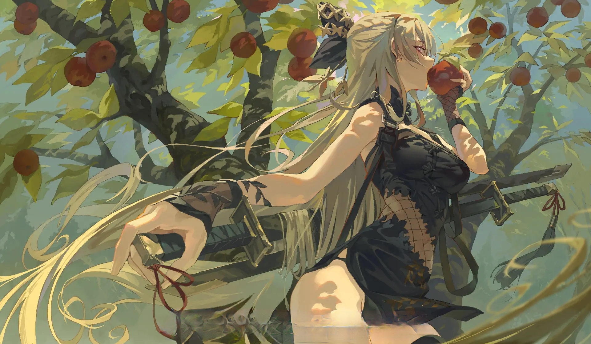 Anime Girls Swordsman Sword Apples Fruit Blonde Long Hair 1920x1118
