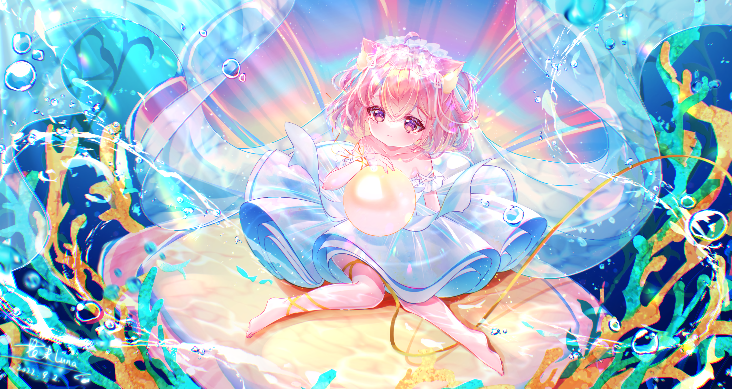 Anime Anime Girls Short Hair Water Bubbles Animal Ears Cat Girl Cat Ears Tears Blushing Coral Underw 3000x1596