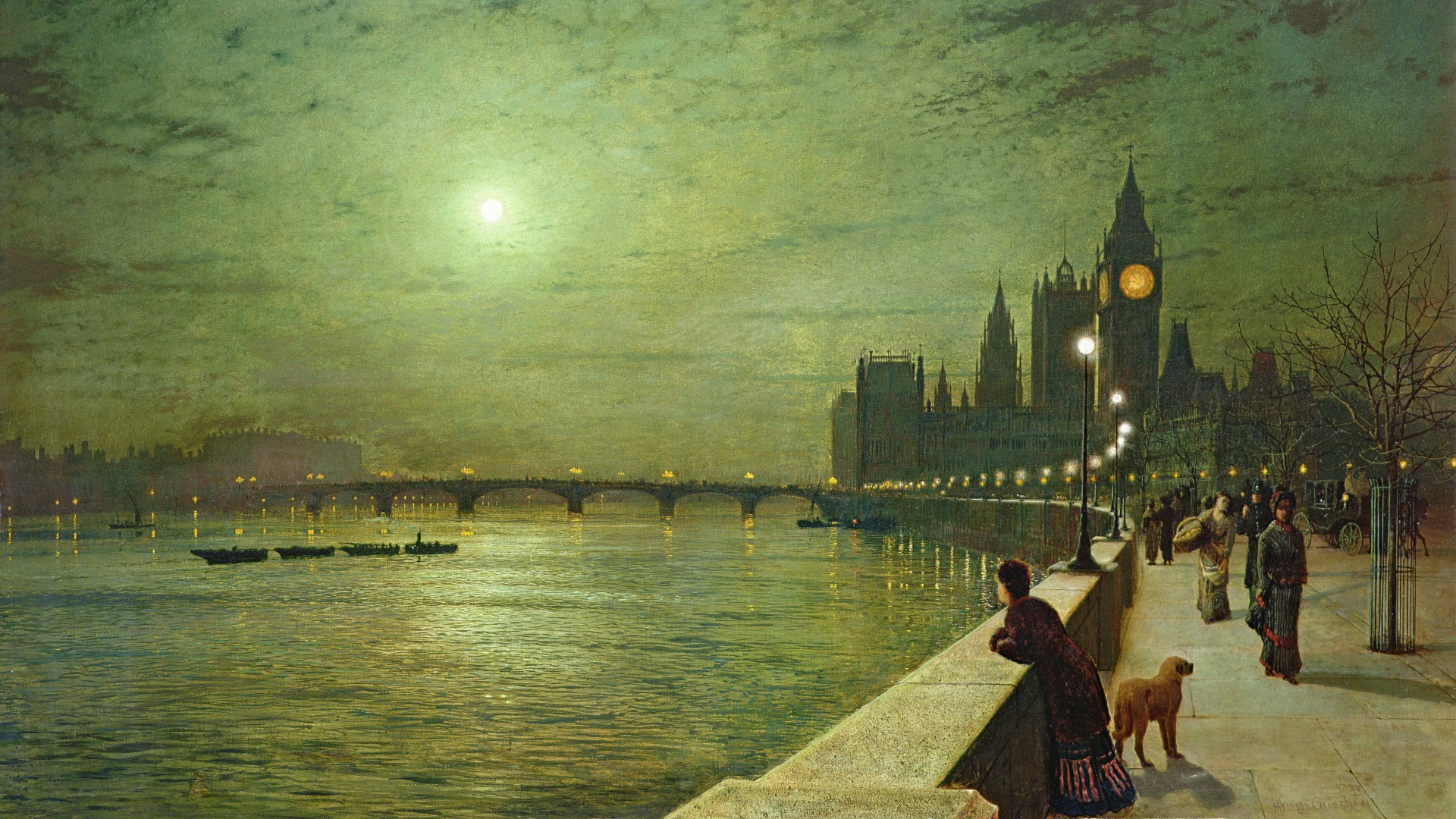 Painting City Water Night Artwork John Atkinson Grimshaw London UK Westminster Big Ben River Thames  1920x1080