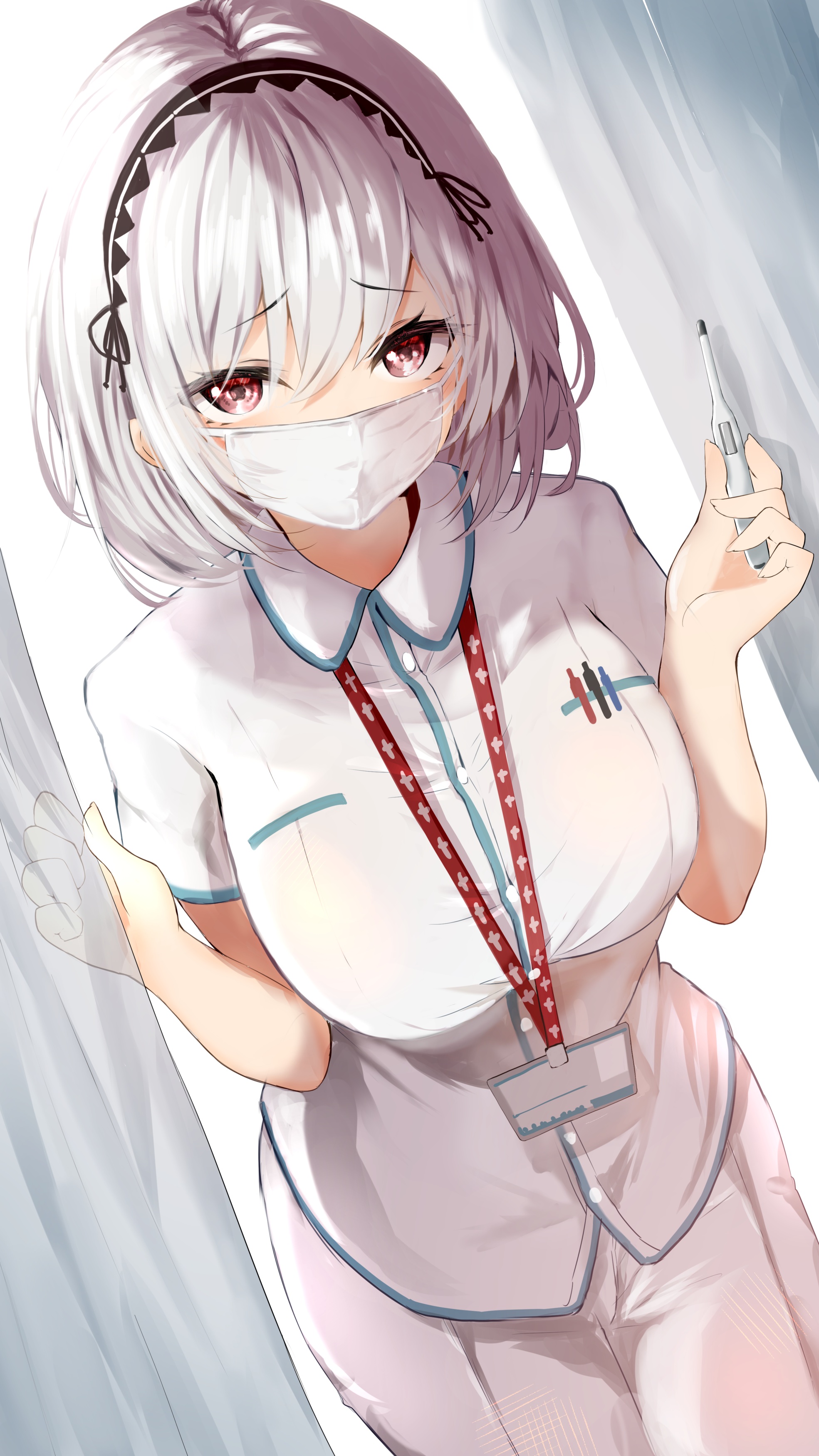 Anime Anime Girls White Hair Mask Nurses Nurse Outfit Purple Eyes 1969x3500