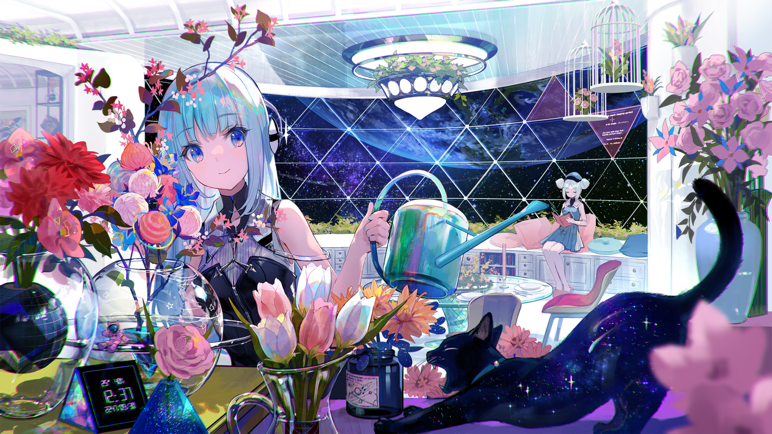 Anime Pixiv Anime Girls Smiling Long Hair Space Planet Stars Cats Animals Flowers Vases Cages Blue H 2469x1389