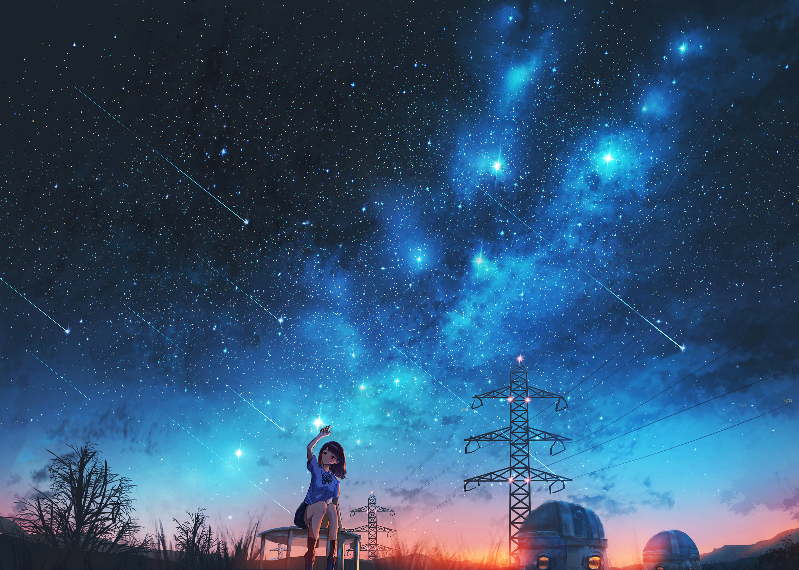 Anime Anime Girls Starry Night Aurorae Meteor Streak Sunset 2800x2000