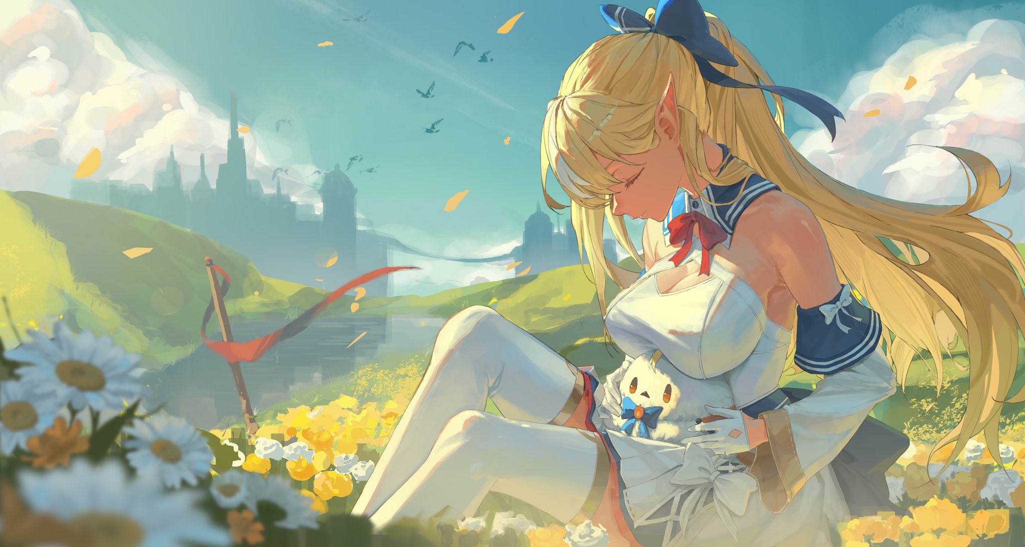 Hololive Shiranui Flare Anime Girls Hair Bows Blonde Closed Eyes Sitting White Flowers Yellow Flower 2048x1092