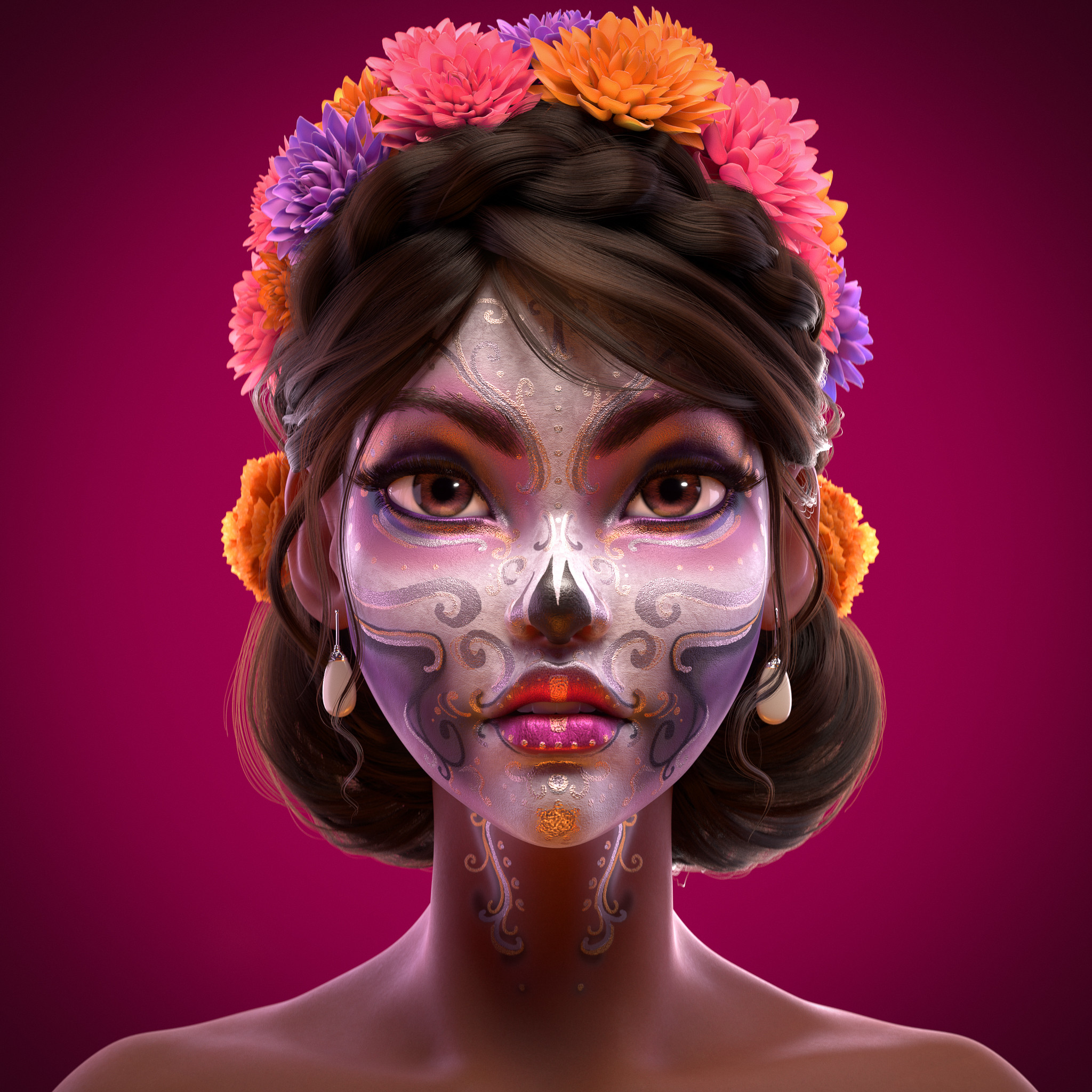 Artwork Women Face Portrait Dia De Los Muertos Makeup Flower In Hair 2048x2048