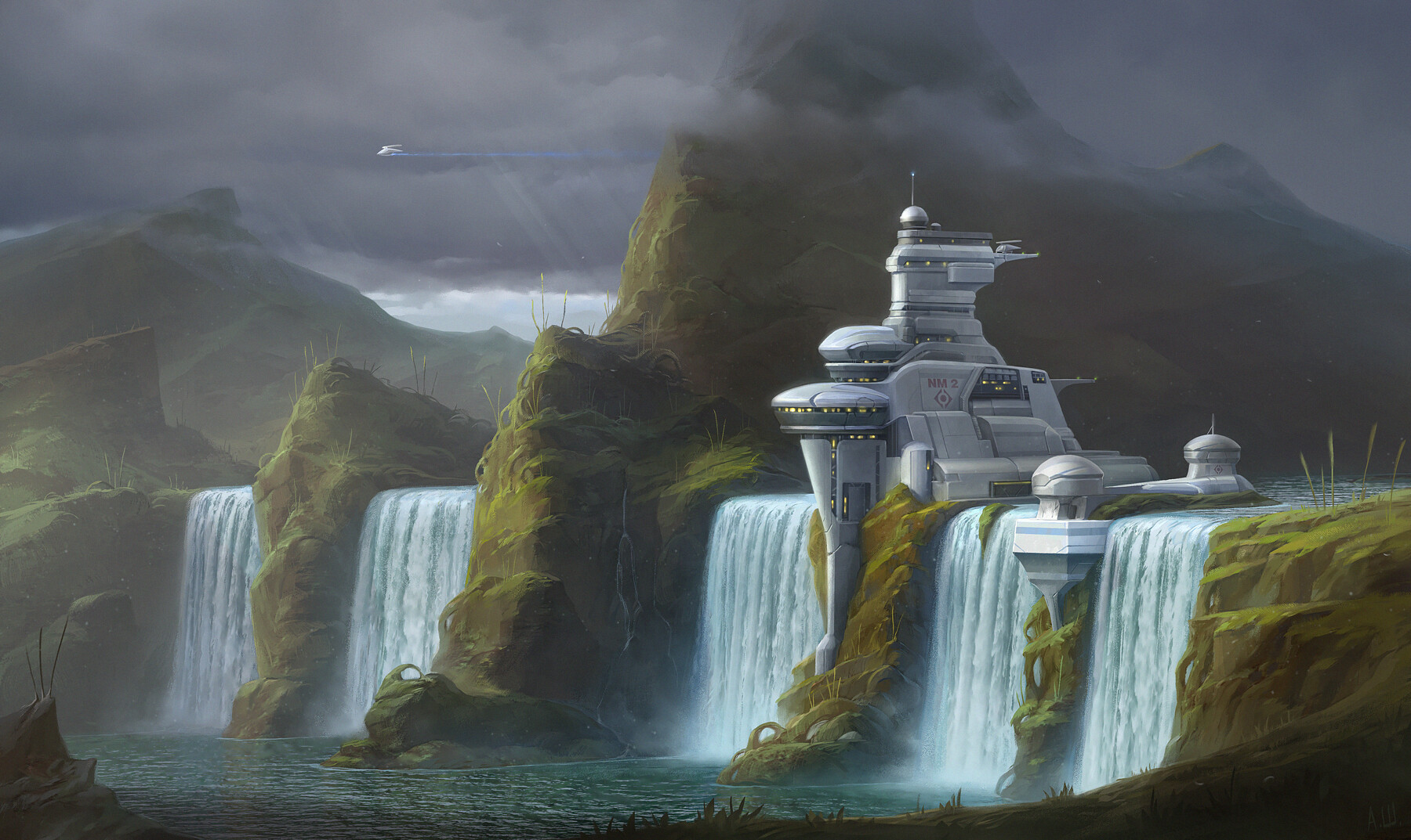 Oleksii Shuhurov Fantasy Art Landscape Digital Art Fantasy Architecture Waterfall Alien Planet Scien 1800x1073