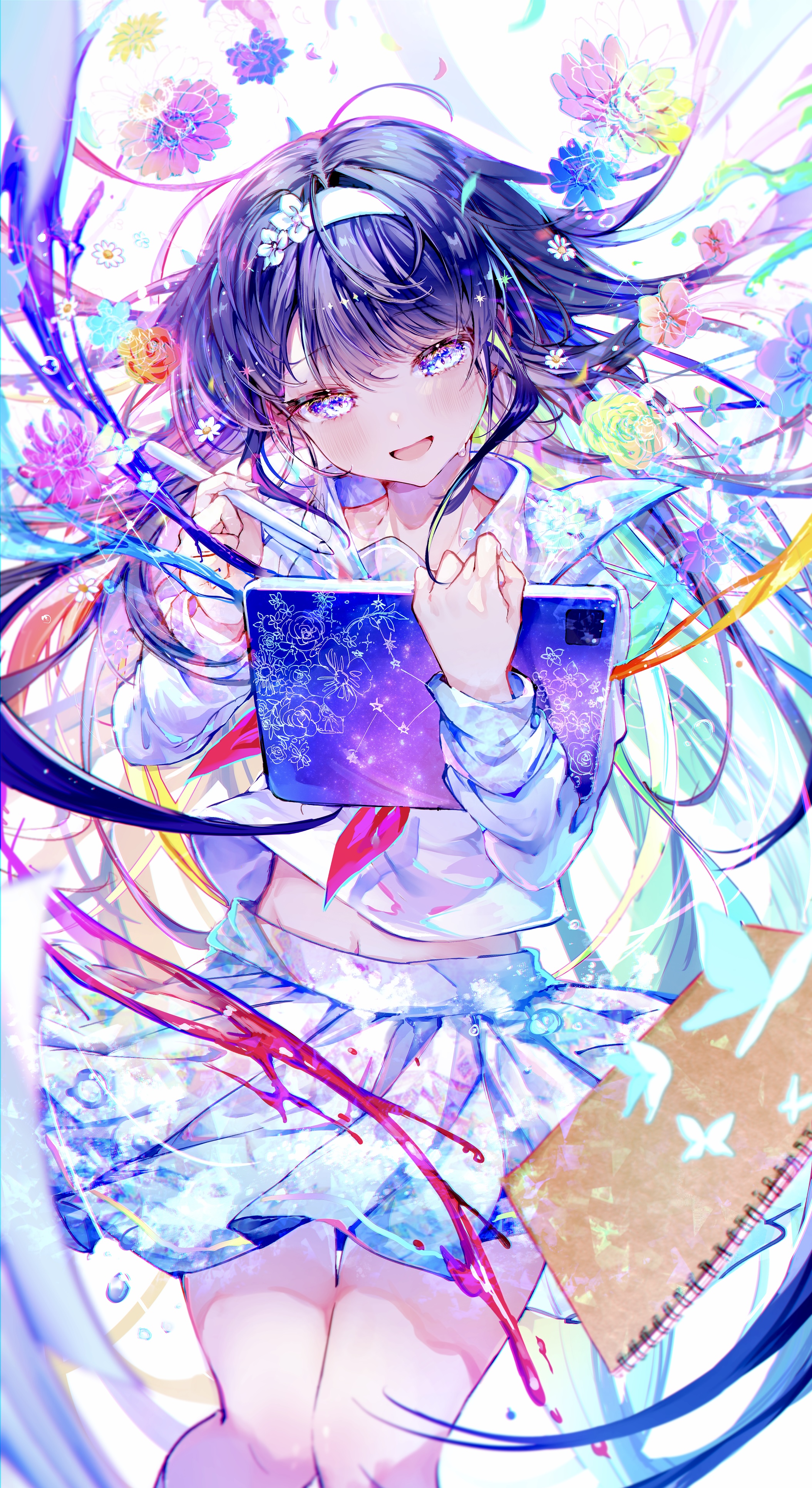 Anime Anime Girls Portrait Display Long Hair Tablet Blushing Star Eyes Flowers Butterfly Flower In H 2109x3864