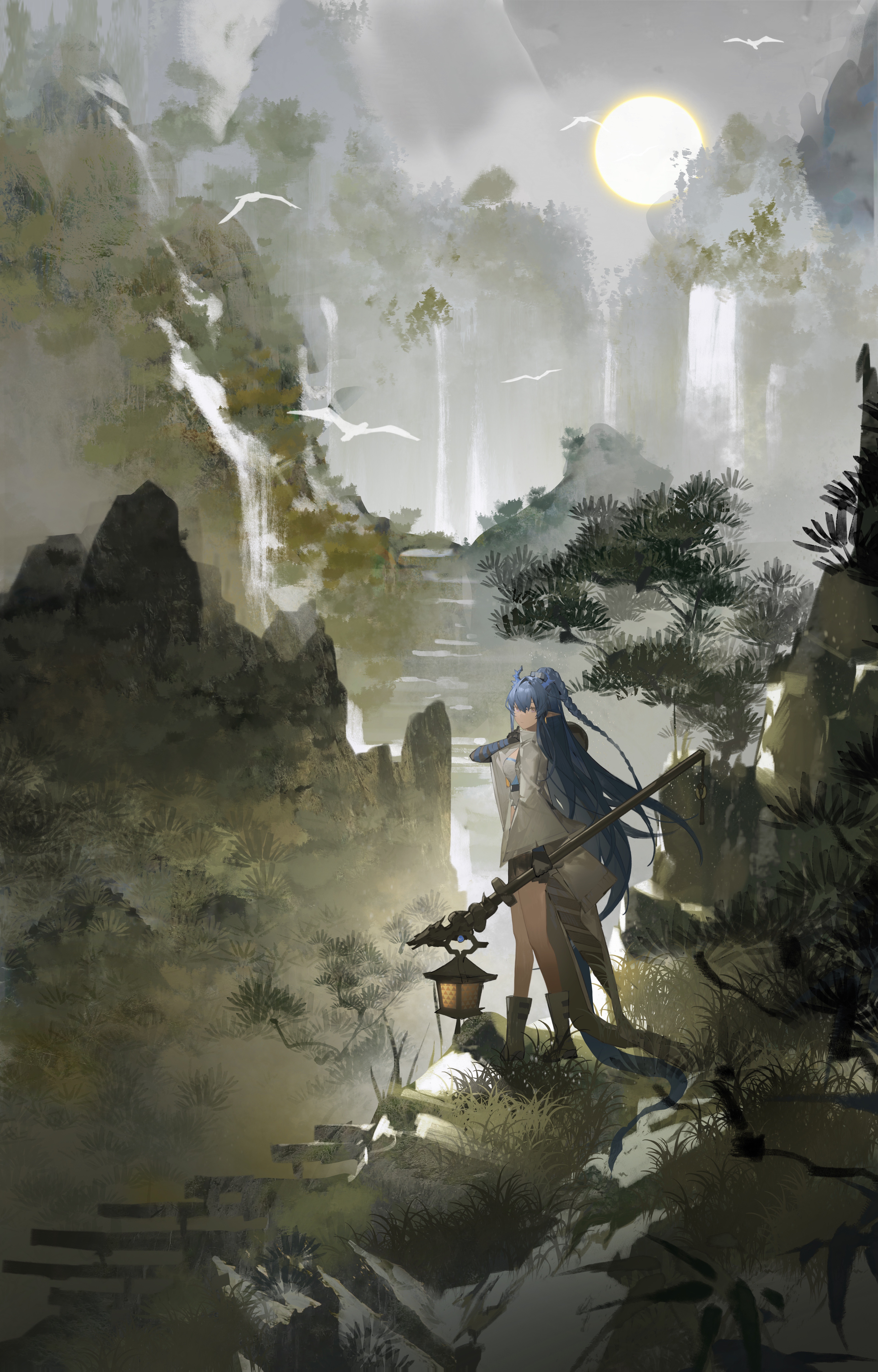 Anime Anime Girls Portrait Display Long Hair Looking At Viewer Water Waterfall Sun Trees Standing Na 3840x6000