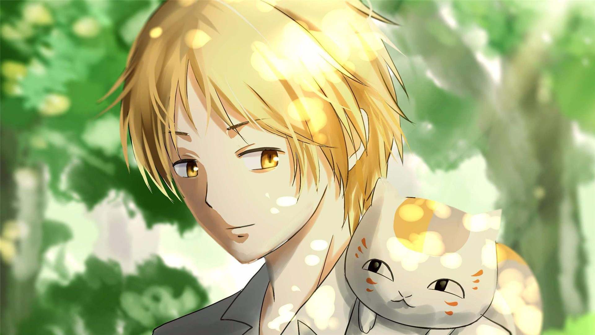 Natsume Yuujinchou Anime Boys Cats Animals Trees Blonde Yellow Eyes Sunlight 1920x1080