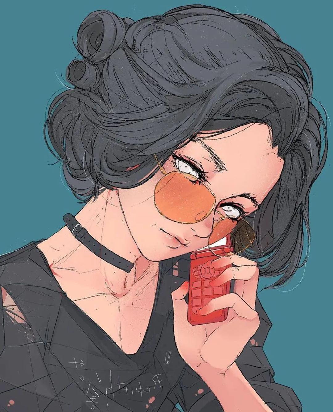 Artwork Fantasy Girl Women Short Hair Raw Sushi Portrait Display Sunglasses Phone Simple Background  1080x1336
