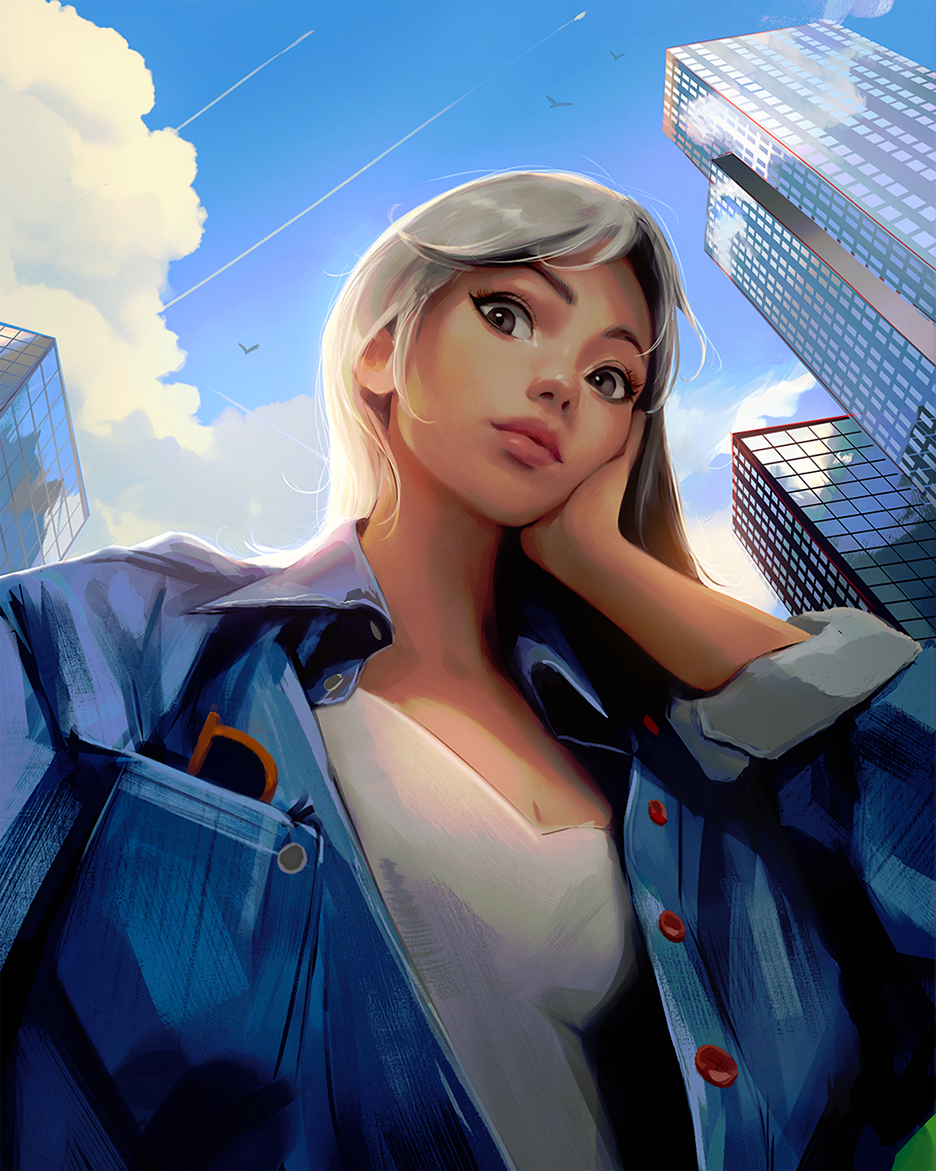 Women Digital Art Perspective Denim Jacket Blonde Looking Below Looking At Viewer Skyscraper Vertica 1920x2400