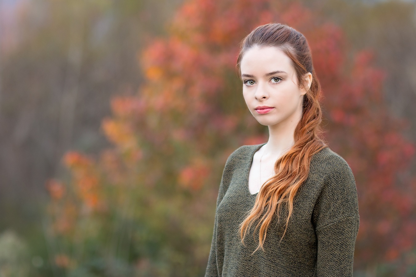 Anna Women Model Redhead Portrait Women Outdoors Long Hair Pink Lipstick Sweater Fall 1350x900