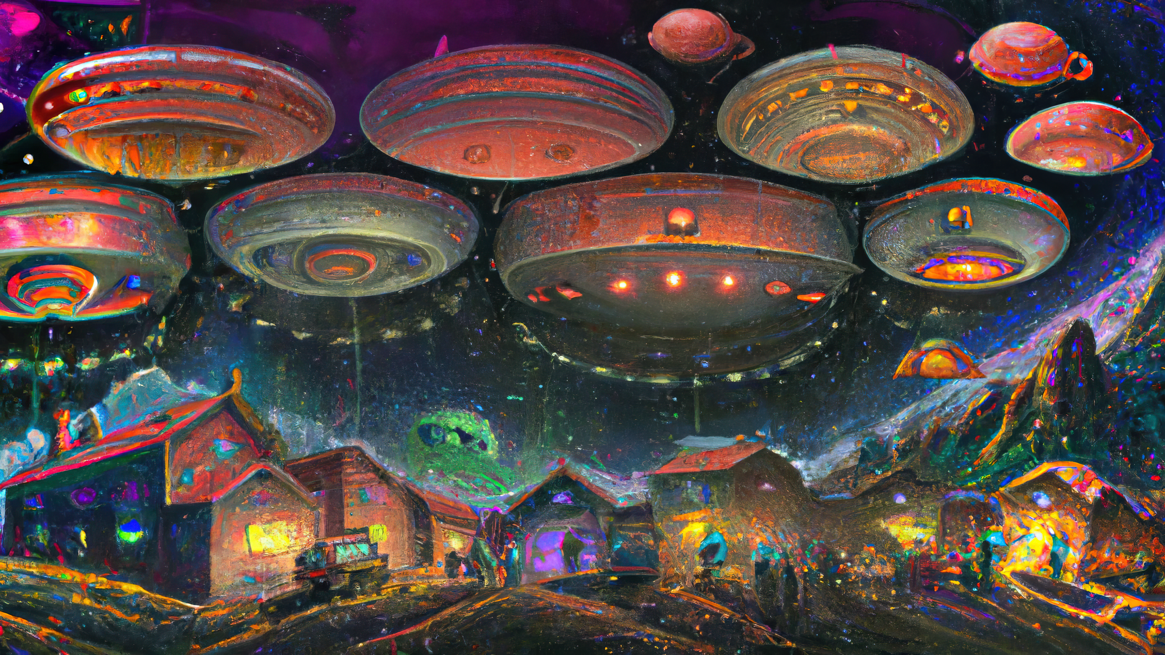 Ai Art Ai Painting Painting Science Fiction Retro Science Fiction UFO Alien Attack Aliens 3840x2160