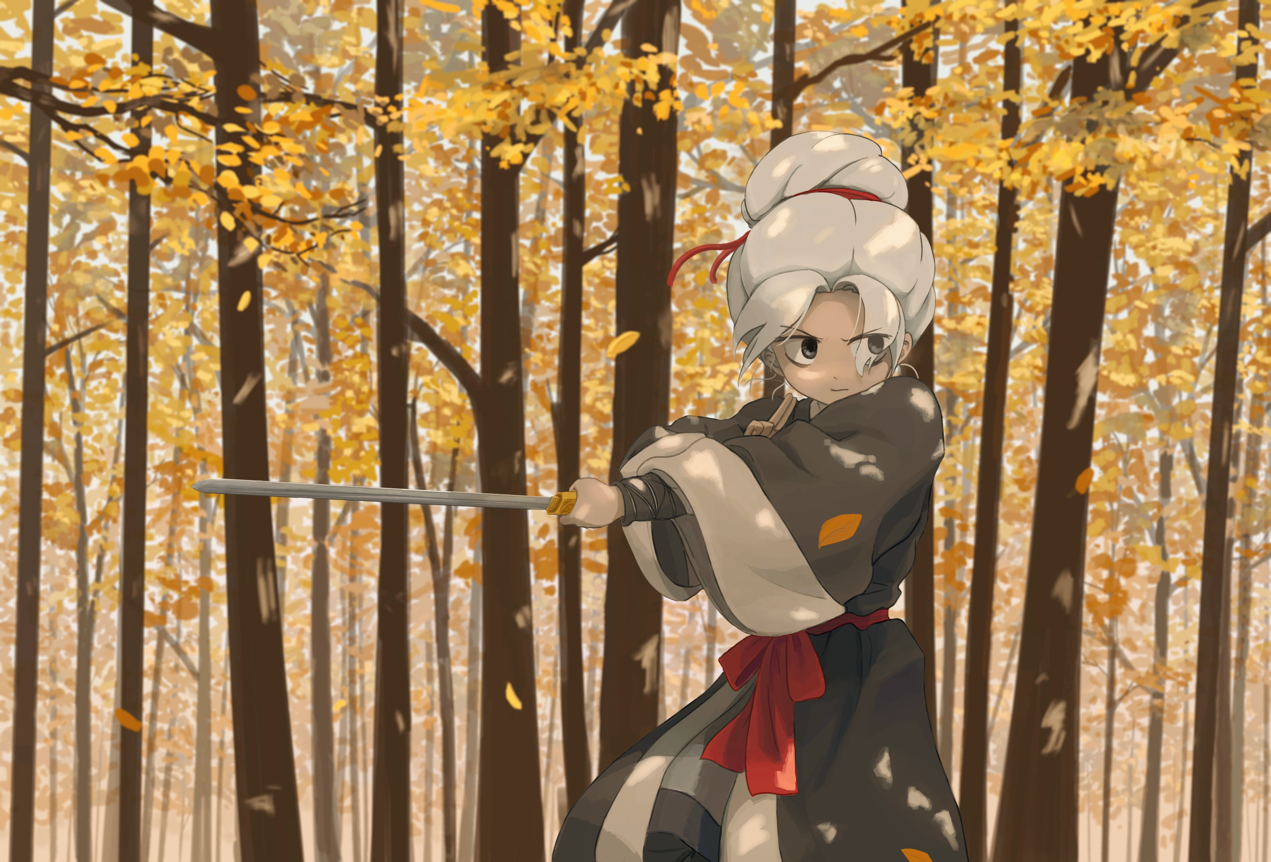 Fall China Anime Girls Forest Trees Katana Hairbun White Hair 4088x2773