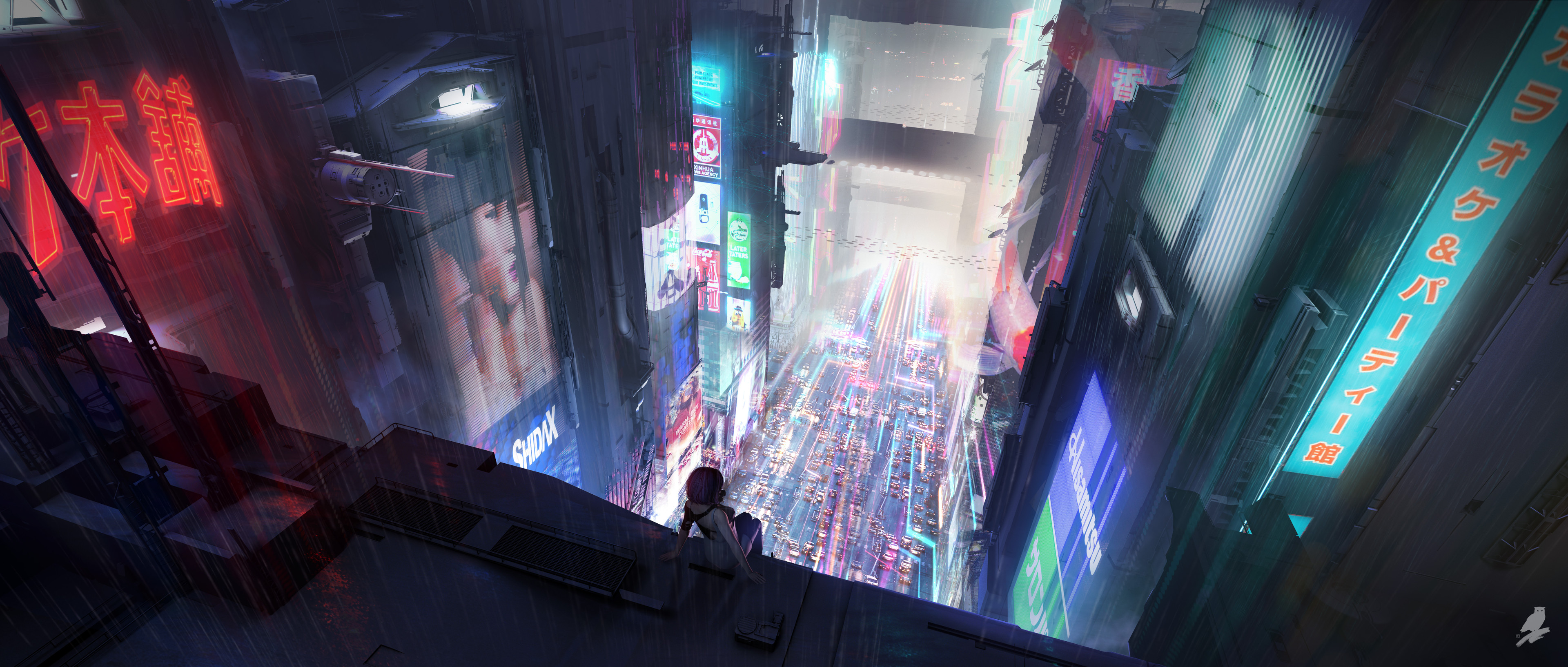 Strigiformes Cyberpunk Futuristic City Neon Lights 3840x1634